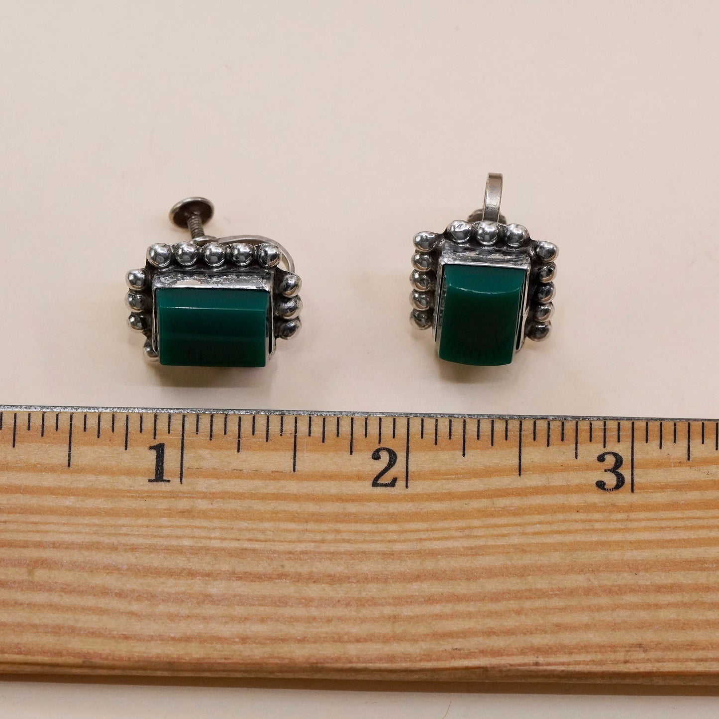 Vintage sterling 925 silver handmade screw back earrings with jade inlay