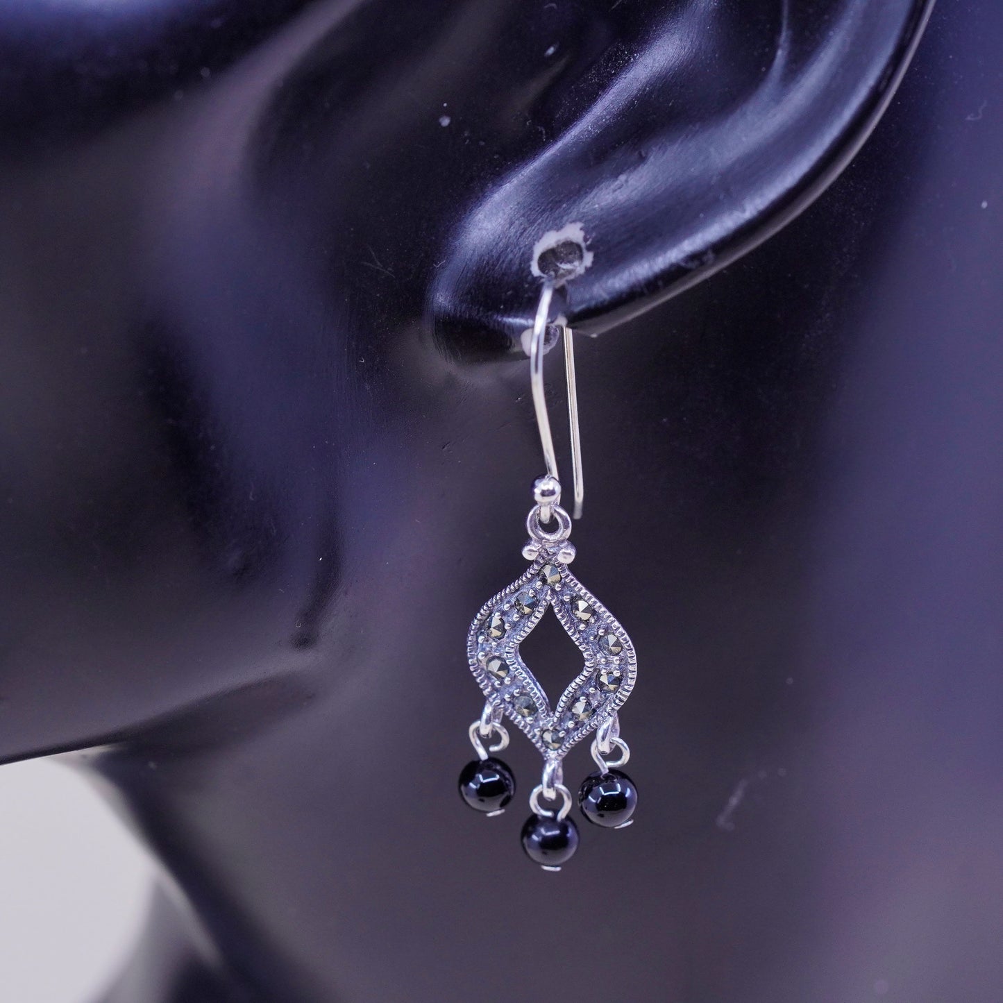 Vintage Sterling silver handmade earrings, 925 drops with obsidian and marcasite, stamped 925 China
