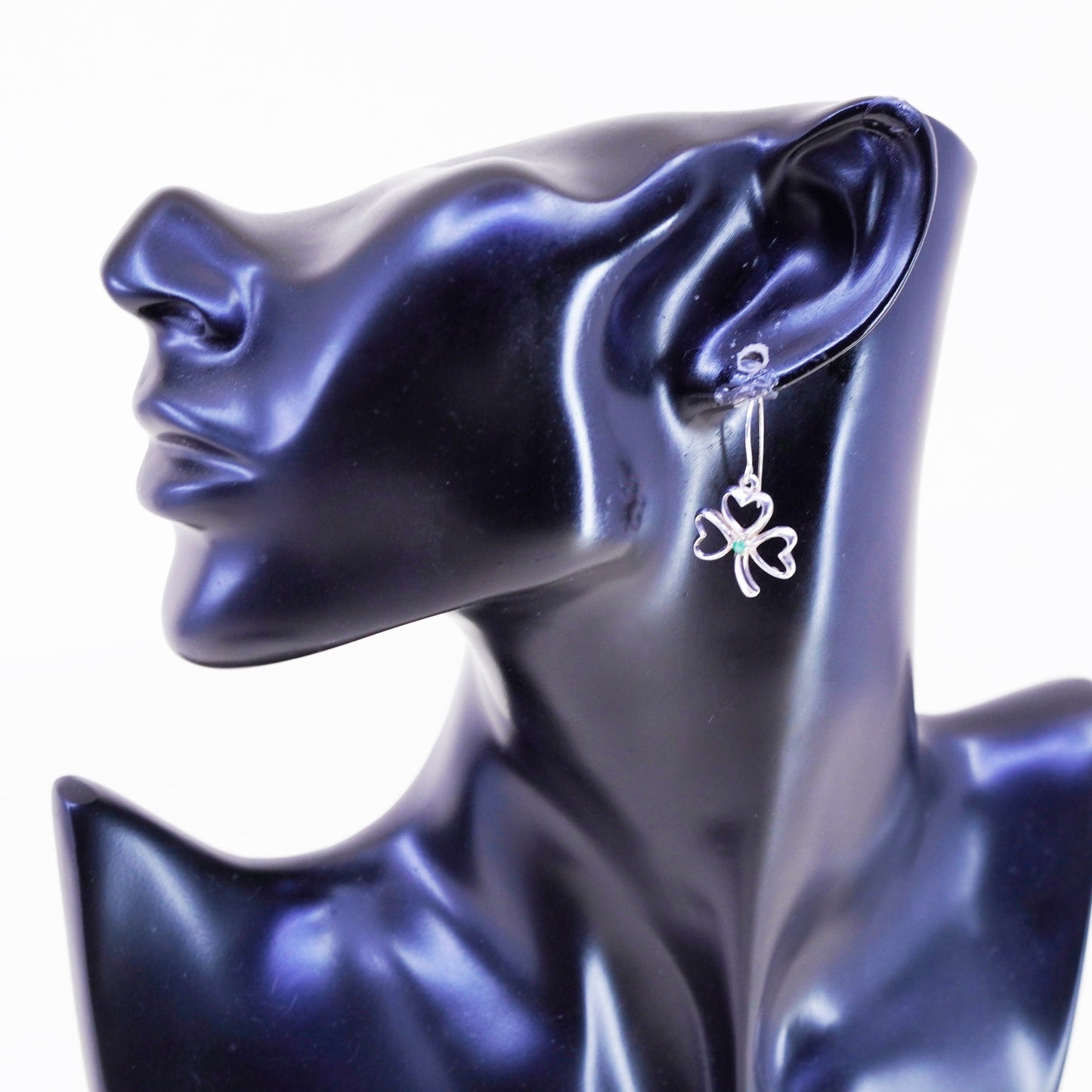 Vintage sterling silver handmade earrings, 925 clover dangle with green jade