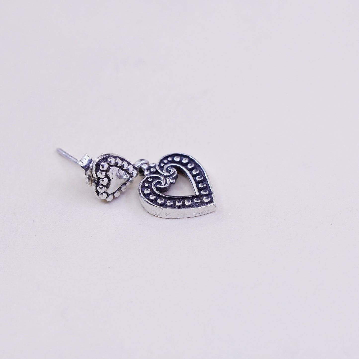 Vintage sterling silver handmade earrings, 925 heart dangles with beads