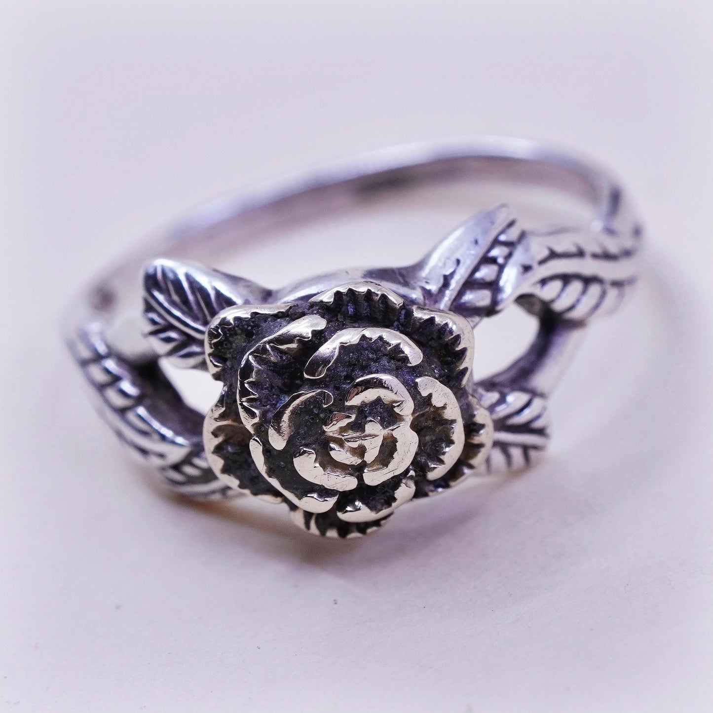 Size 7, vintage TT Sterling silver handmade ring, 925 leaves with brass rose