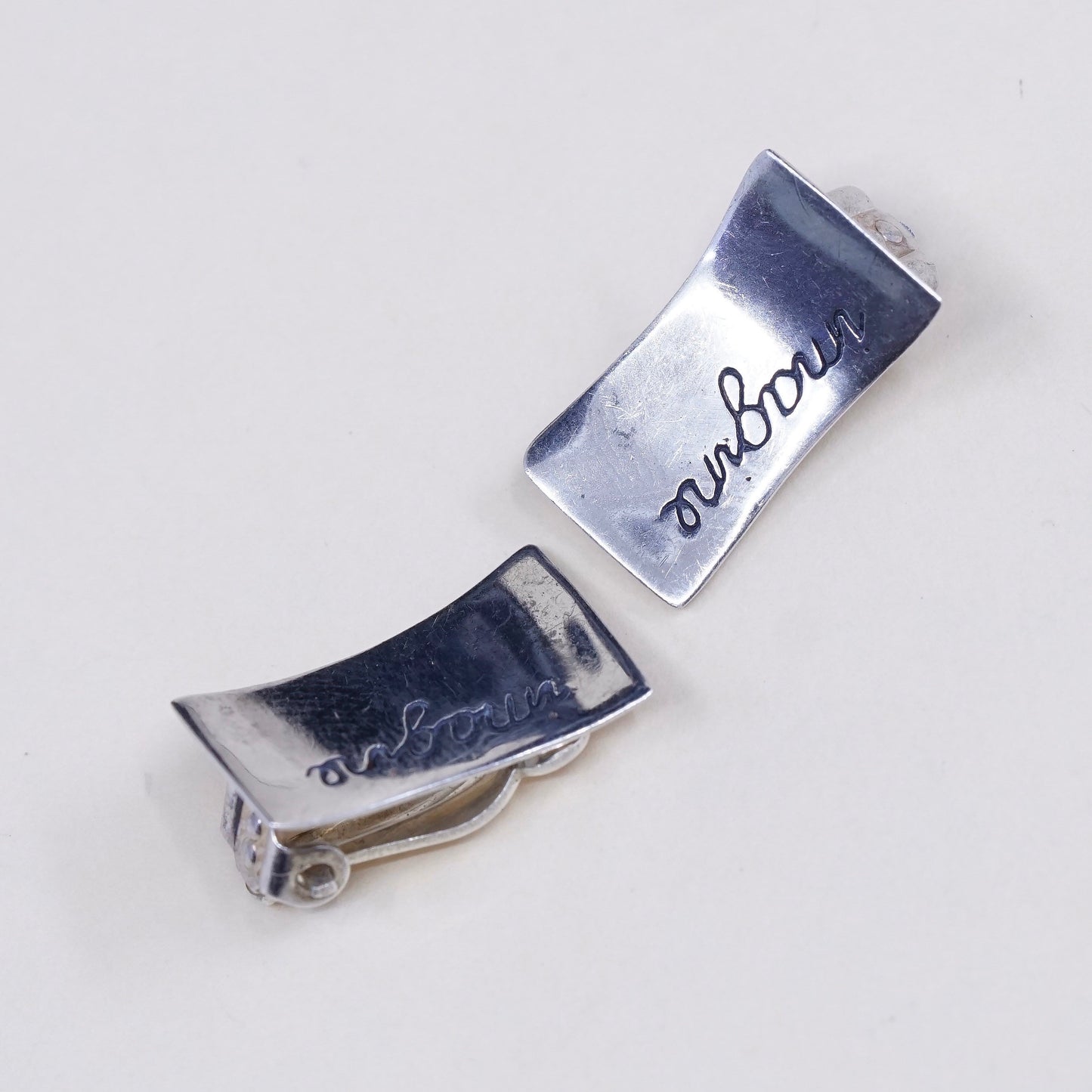 vtg Modern Sterling silver clip on, 925 inspiration earrings embossed “imagine”