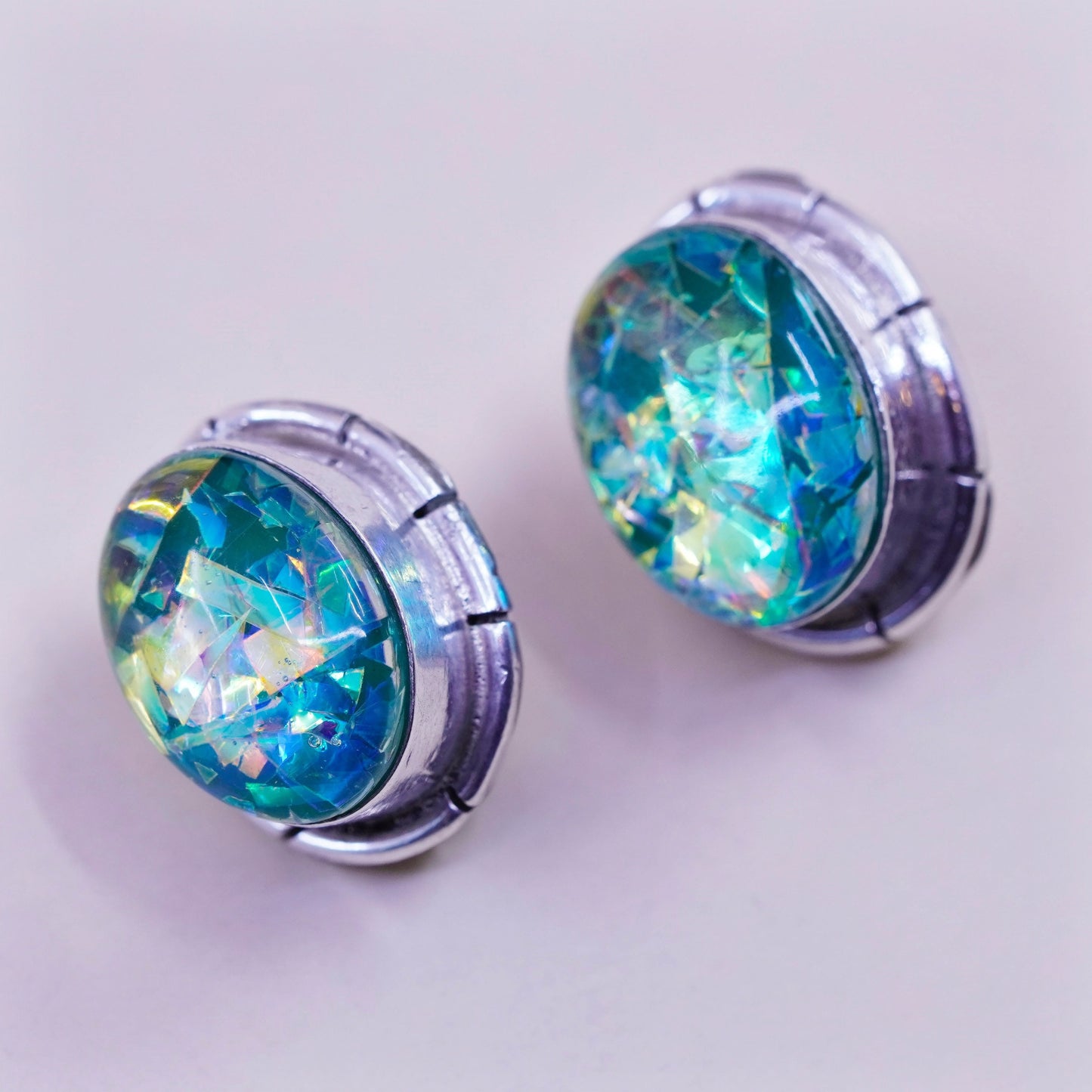 Vintage Sterling silver handmade earrings, 925 oval clip on green foiled glass