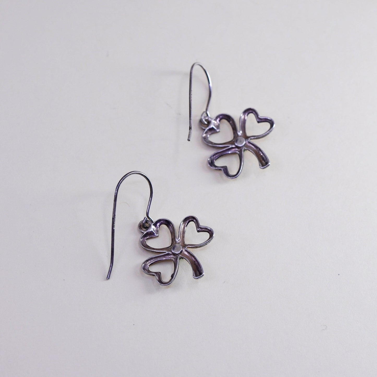 Vintage sterling silver handmade earrings, 925 clover dangle with green jade