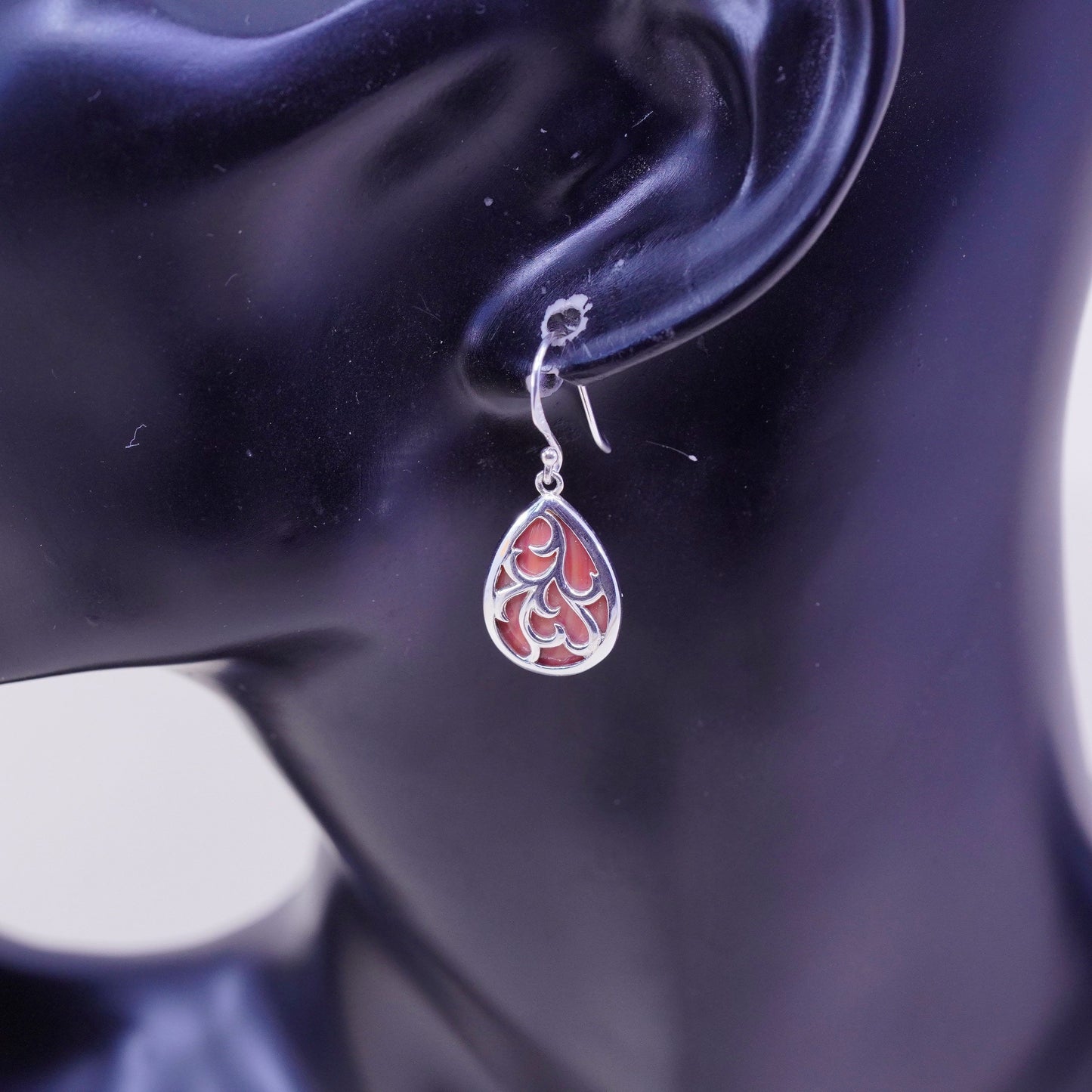 Vintage sterling 925 silver handmade teardrop earrings with agate inlay