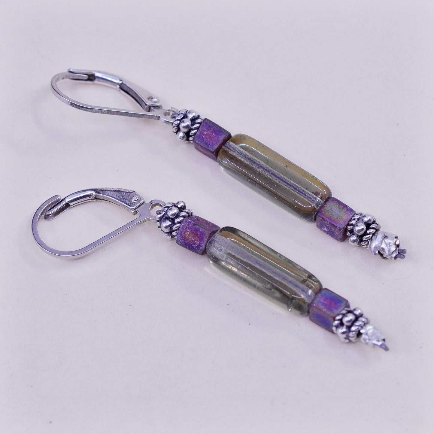 Vintage Sterling 925 silver handmade earrings with artisan glass tube amethyst