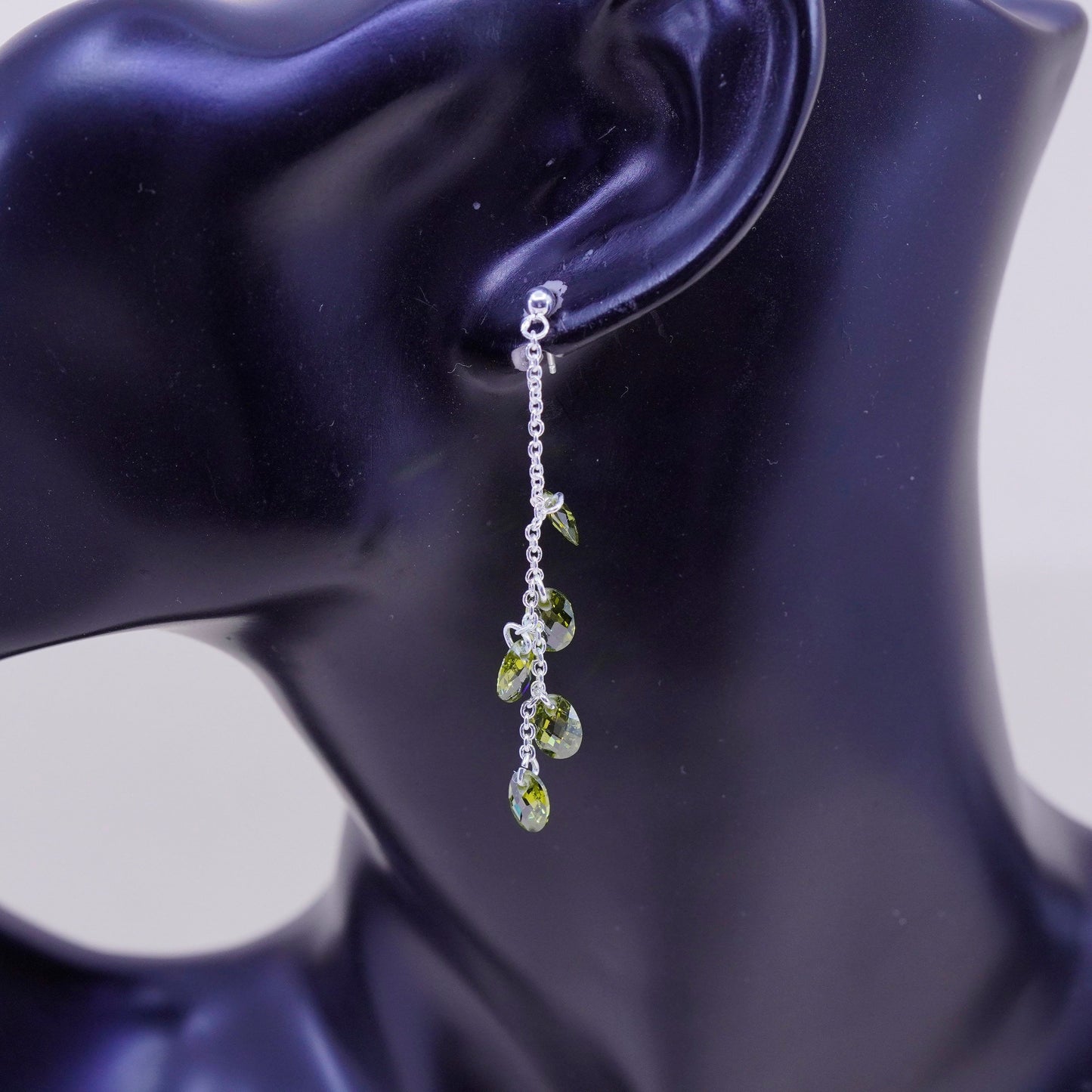 Vintage sterling 925 silver handmade earrings with cluster olive green crystal