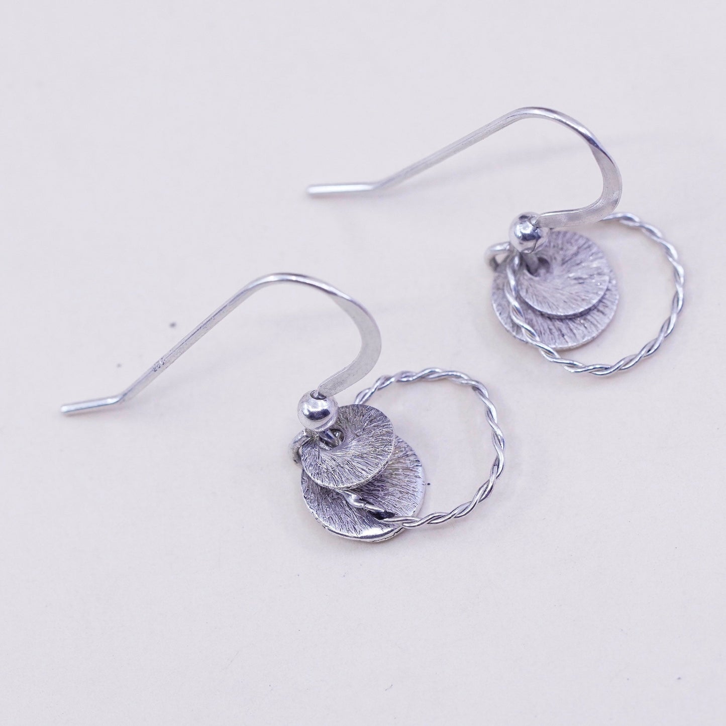 Vintage lightweight Hammered Drop Disc Sterling Silver Earrings, Stamped 925