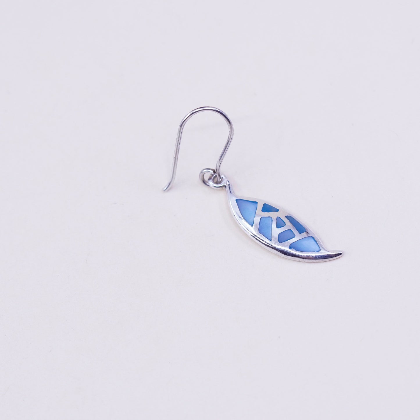 Vintage sterling 925 silver handmade earrings with blue mother of pearl drop, stamped 925