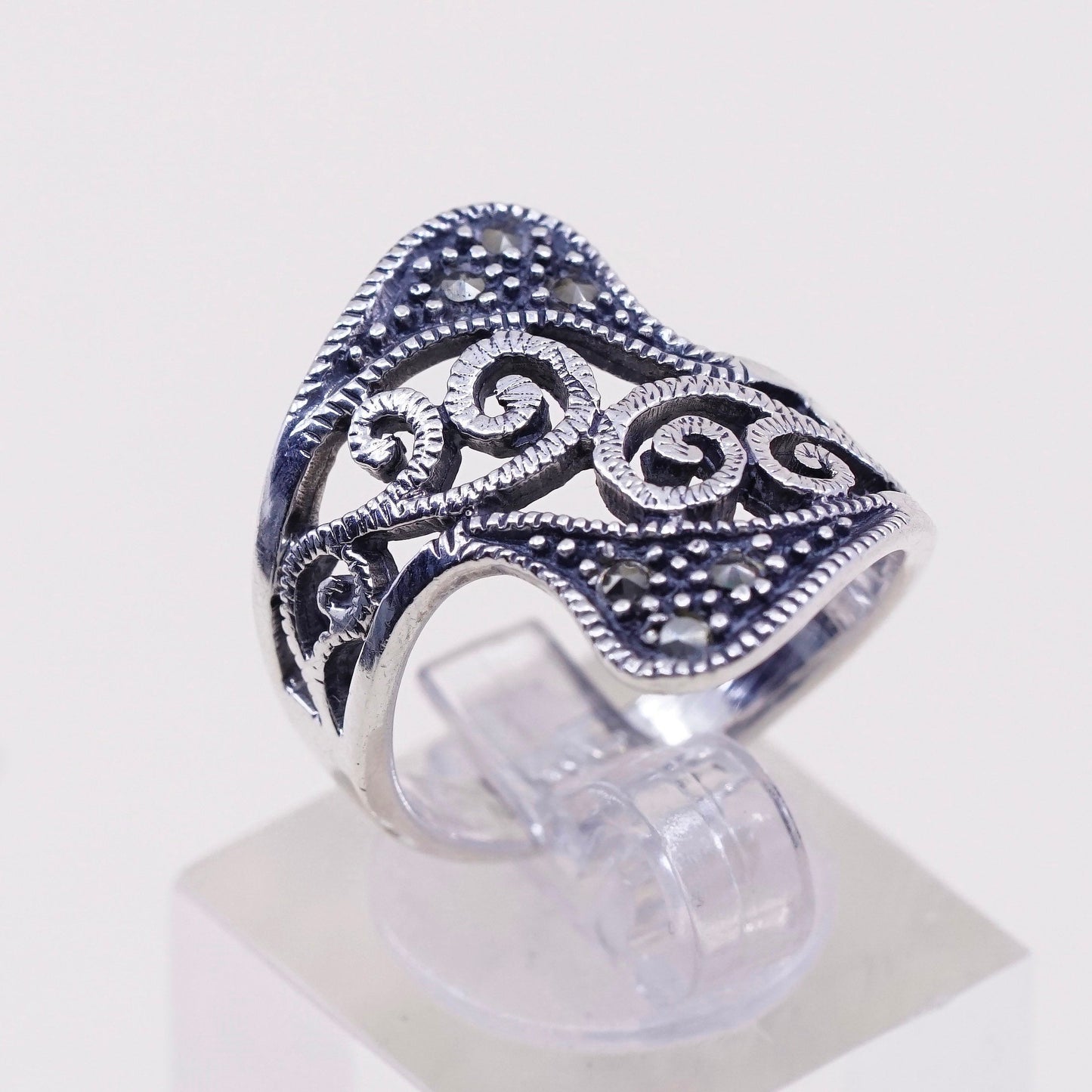 Size 7, Vintage Sterling silver handmade ring, 925 band with Marcasite