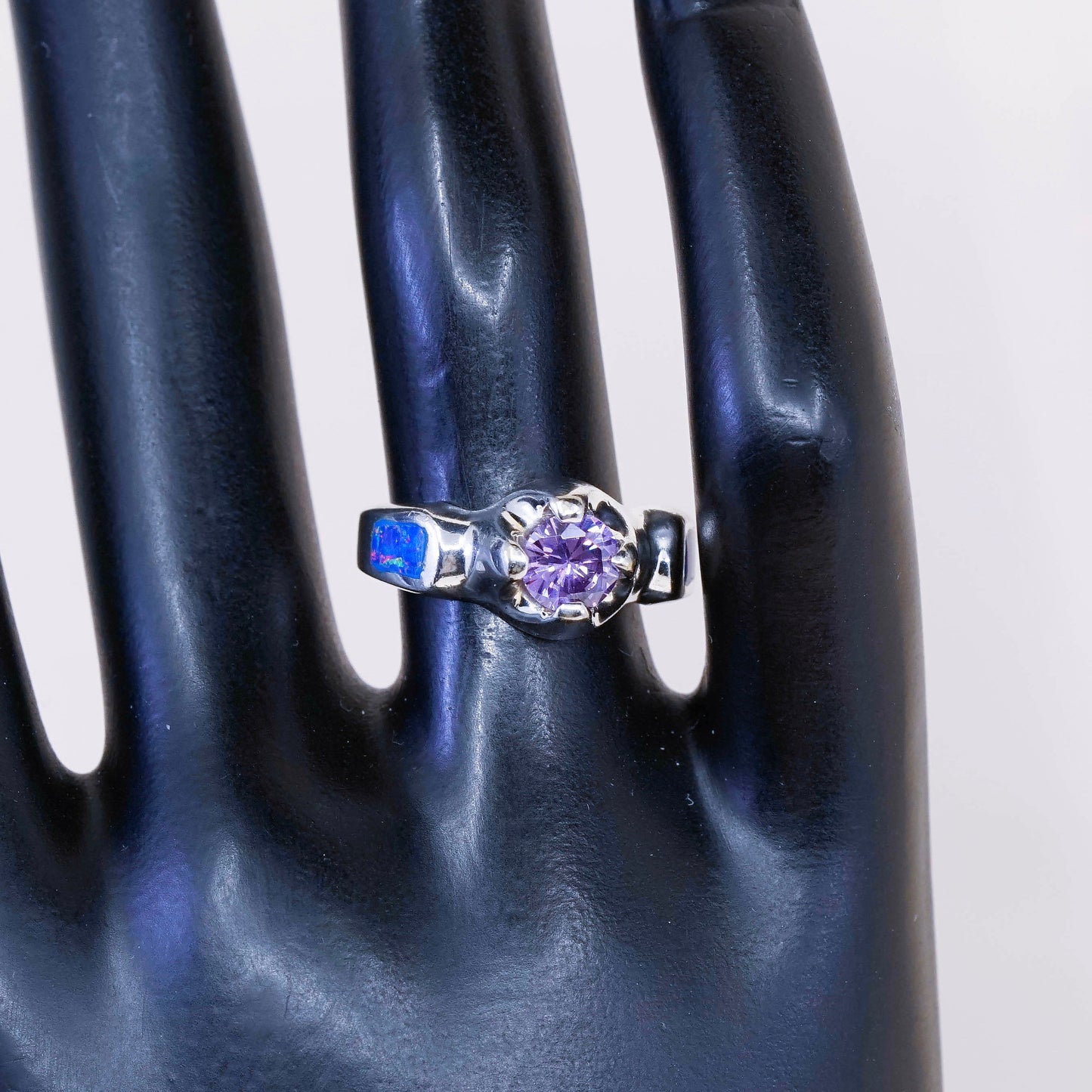 sz 6.25, vintage Sterling silver handmade ring, 925 band w/ opal N amethyst