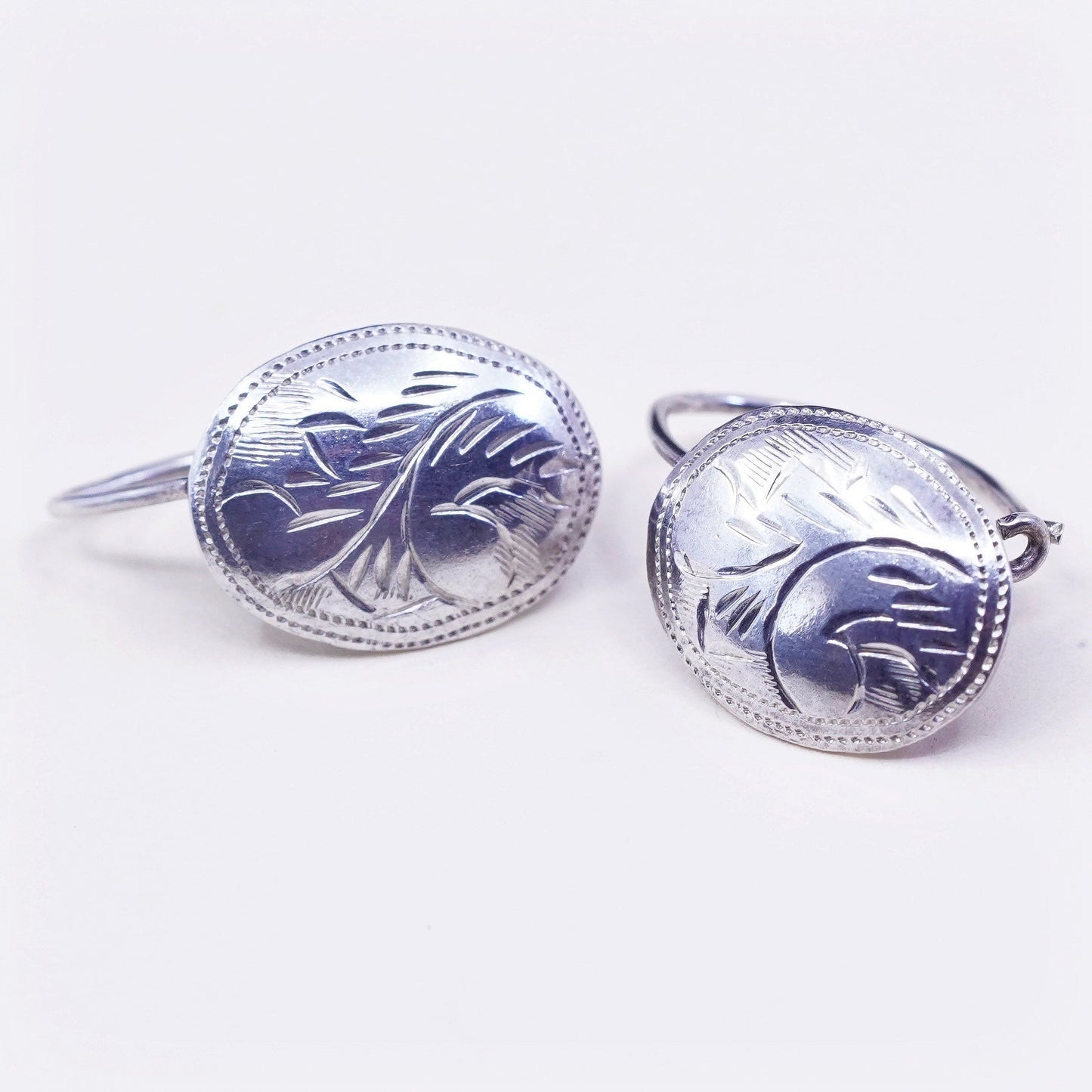 Vintage sterling silver drop earrings, 925 textured oval, silver tested