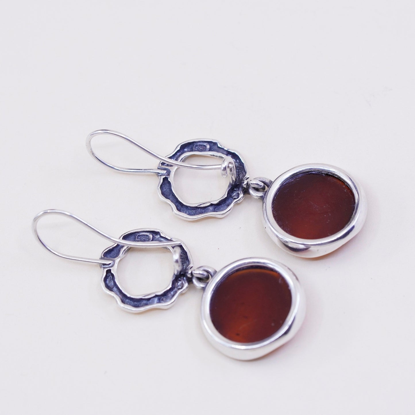 Vintage liquid Sterling silver handmade earrings, 925 circle with amber drops