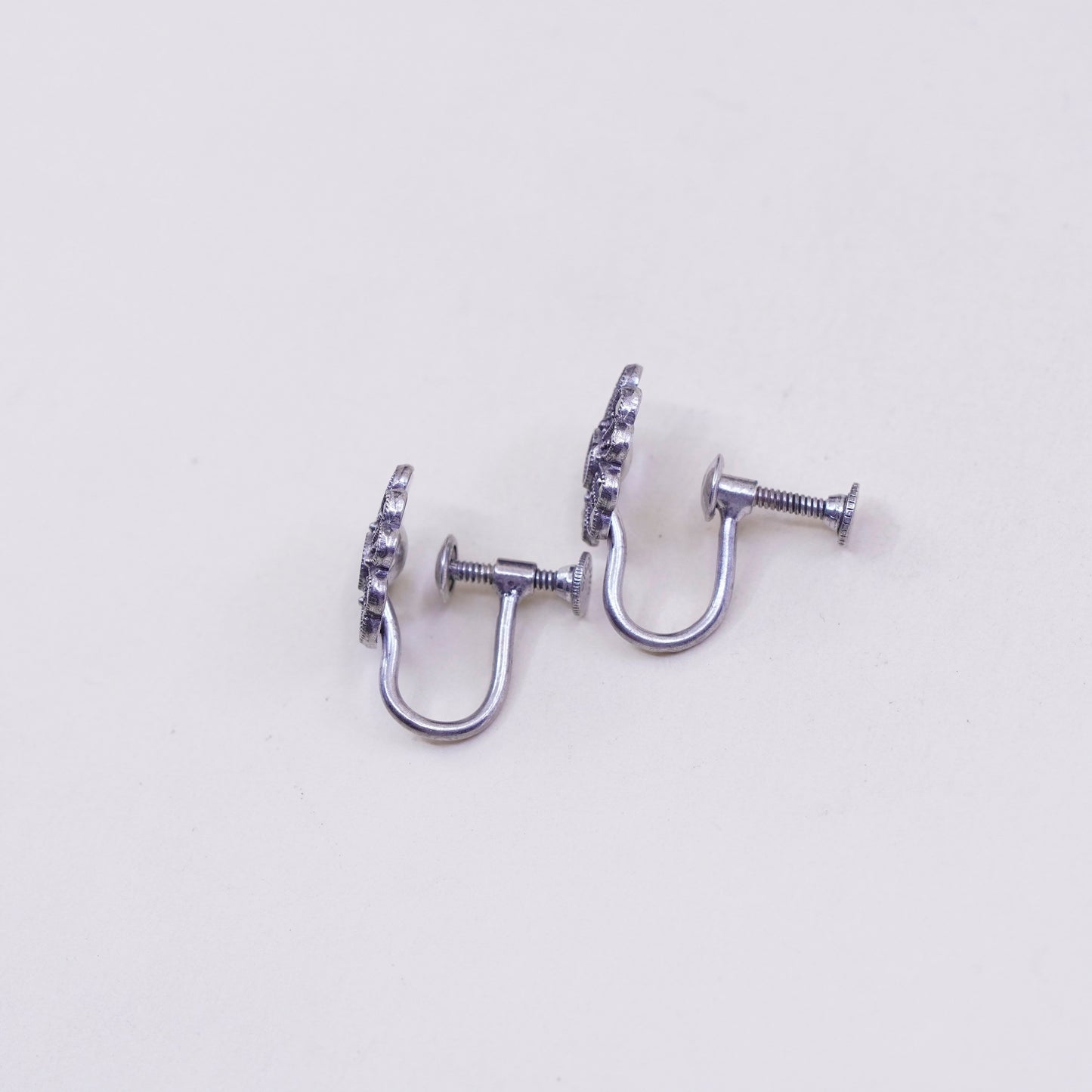 Vintage Sterling silver handmade earrings, 925 screw back flower with Marcasite