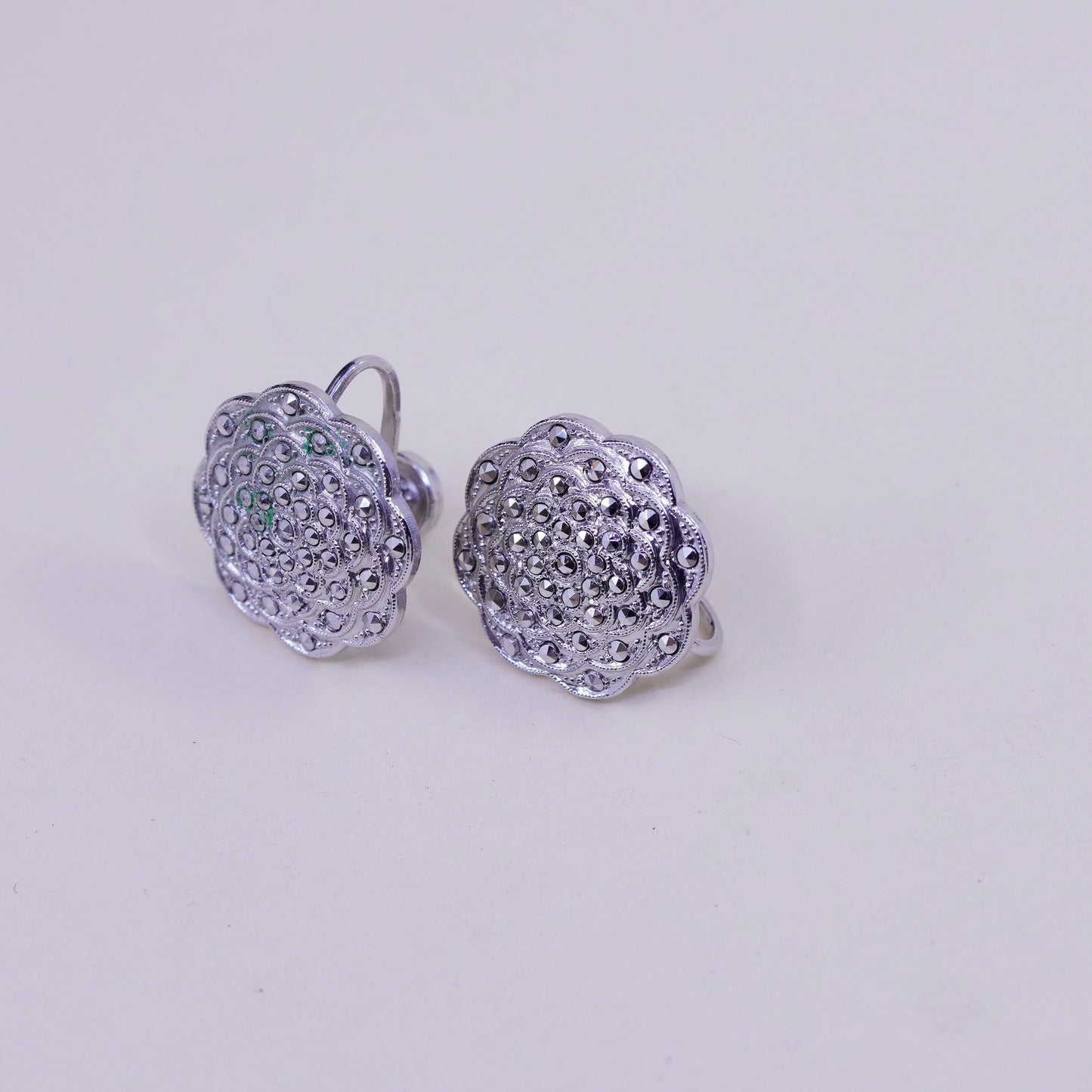 1950s sterling 925 silver earrings swirly screw back flower earrings marcasite