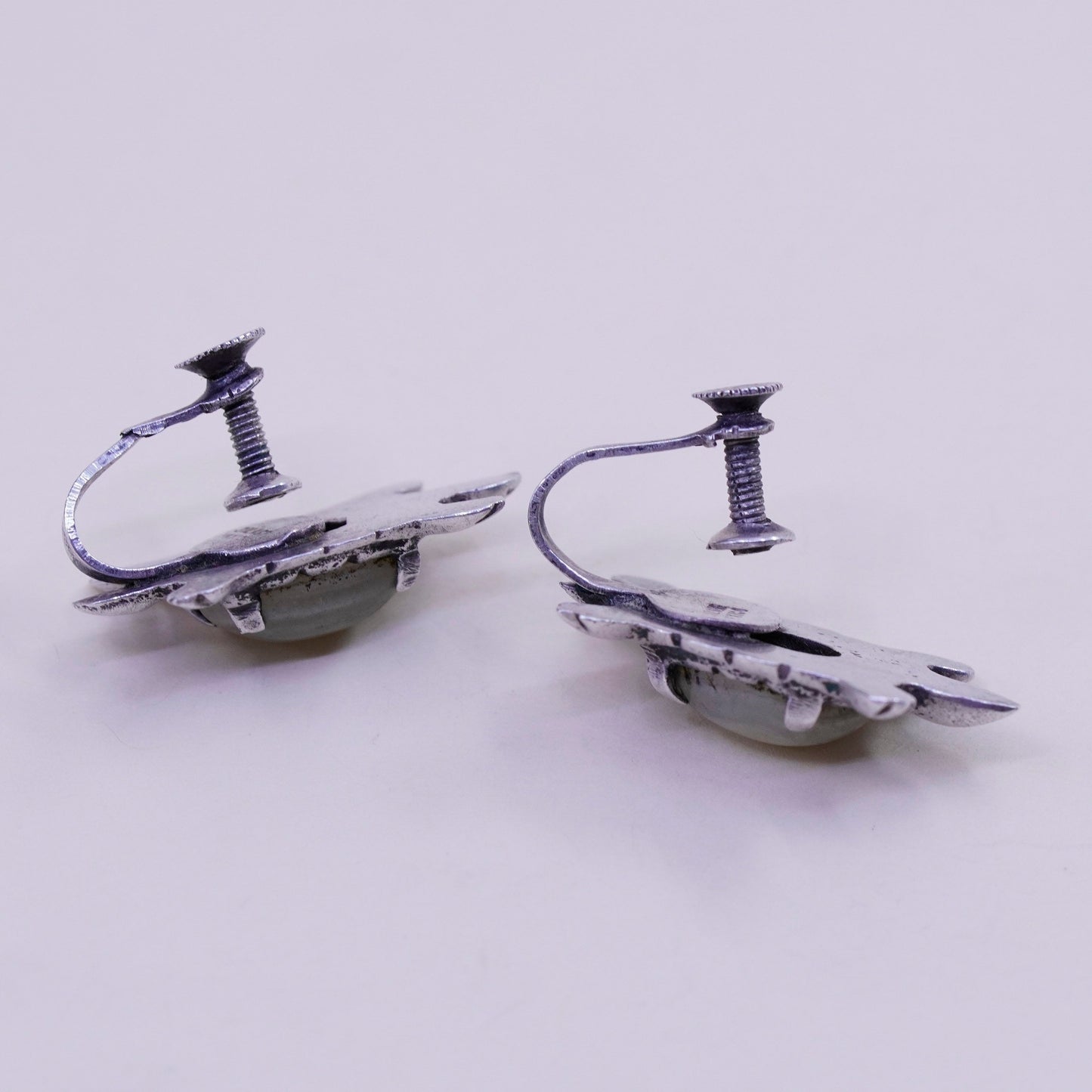 Vintage Sterling 925 silver handmade screw back turtle earrings with jasper