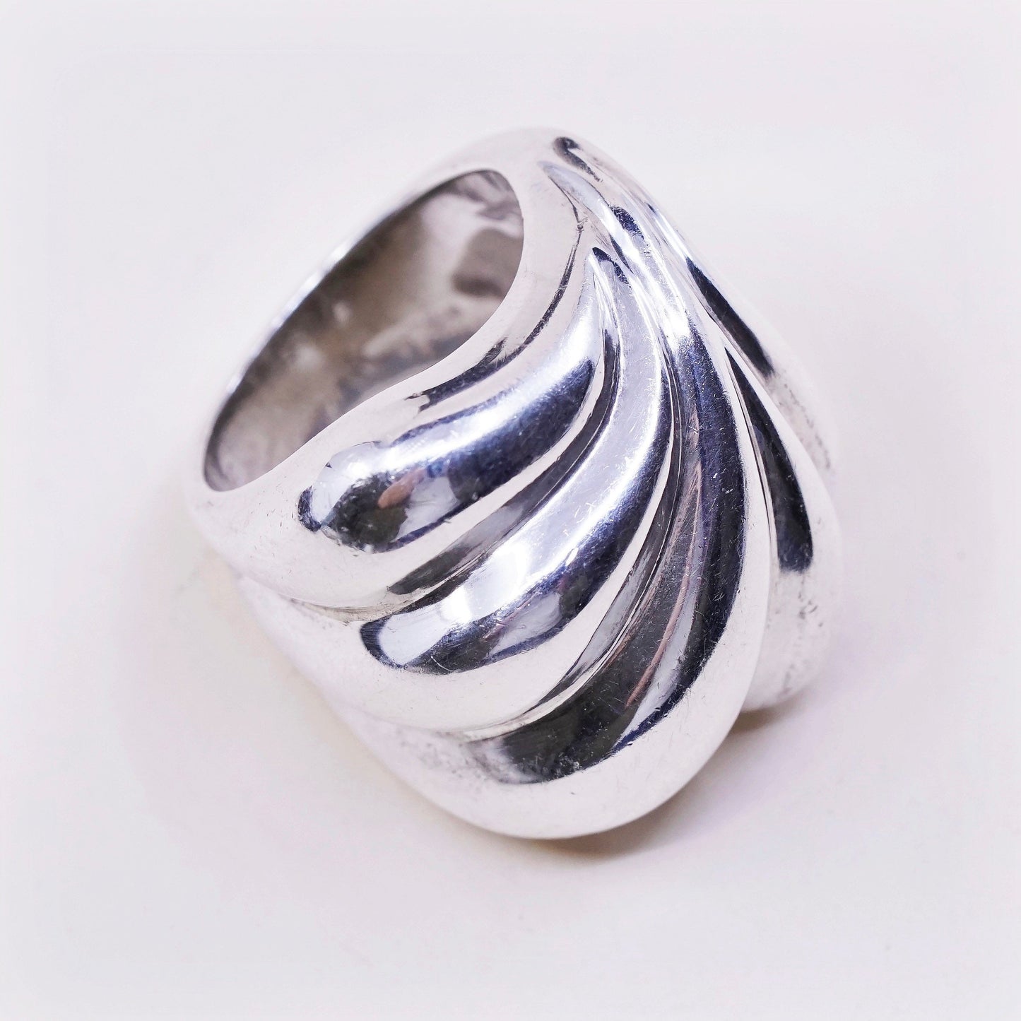 sz 6.75, vtg PE sterling silver handmade ribbed ring, Mexico 925 ribbed band