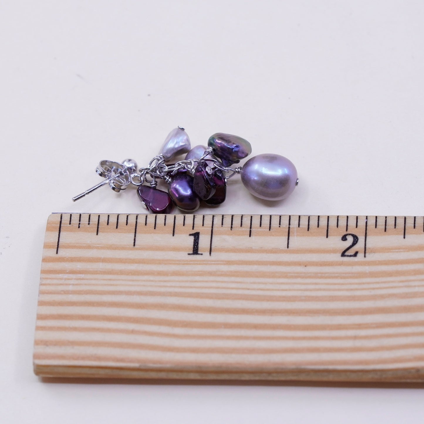 Sterling 925 silver handmade earrings with cluster gray pearl amethyst nuggets