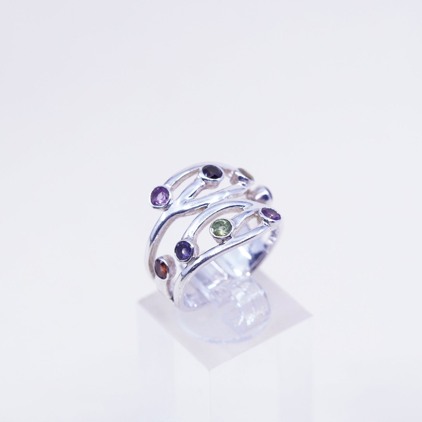 Size 8, AHM sterling 925 silver handmade wavy ring topaz, citrine, peridot ruby
