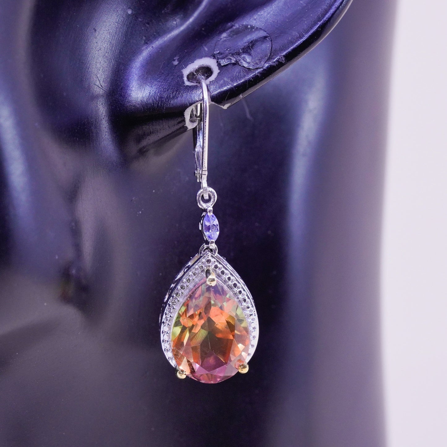 Vintage Sterling 925 silver handmade earrings with teardrop rainbow crystal