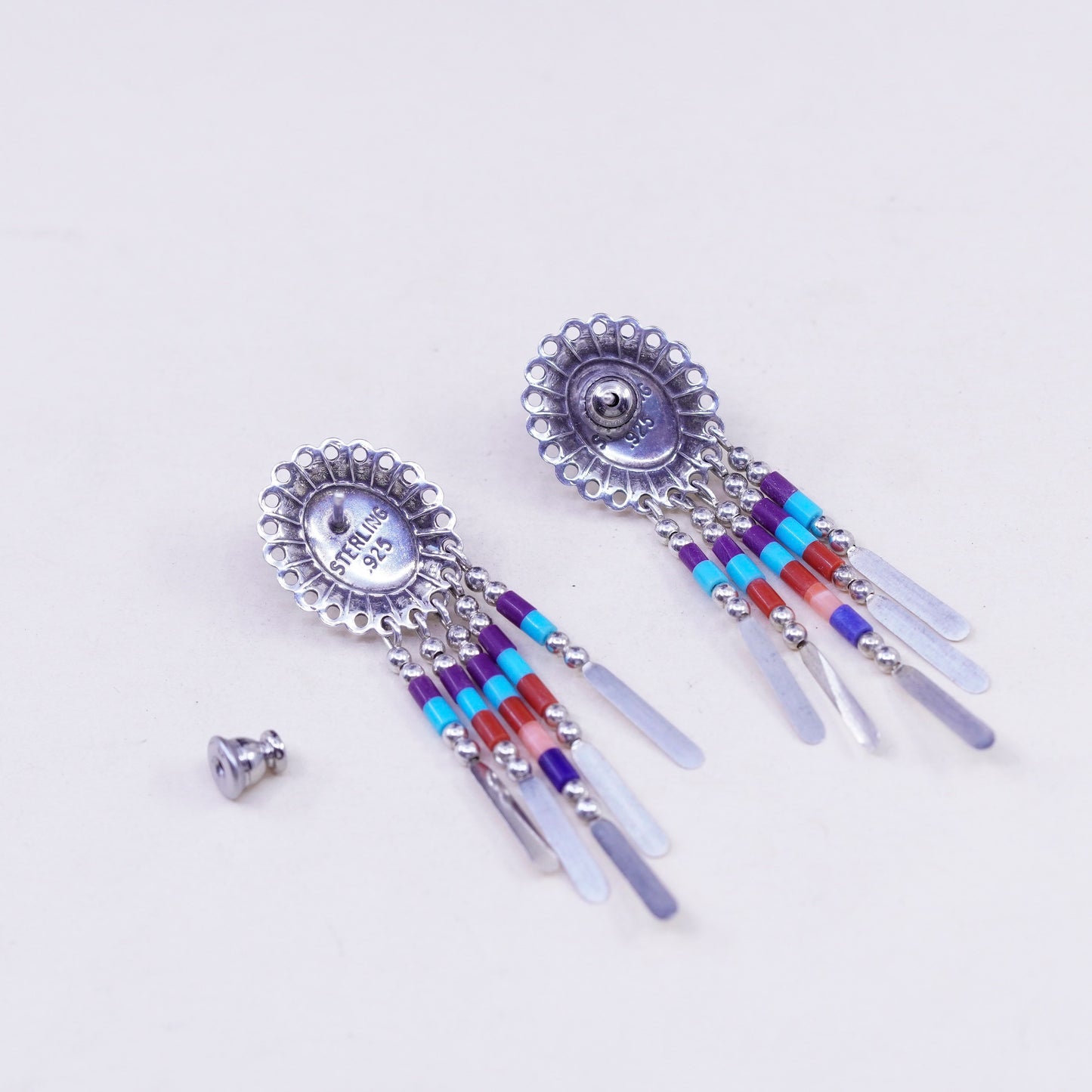 QT Native American sterling silver handmade earrings, 925 fringe, Zuni, Navajo