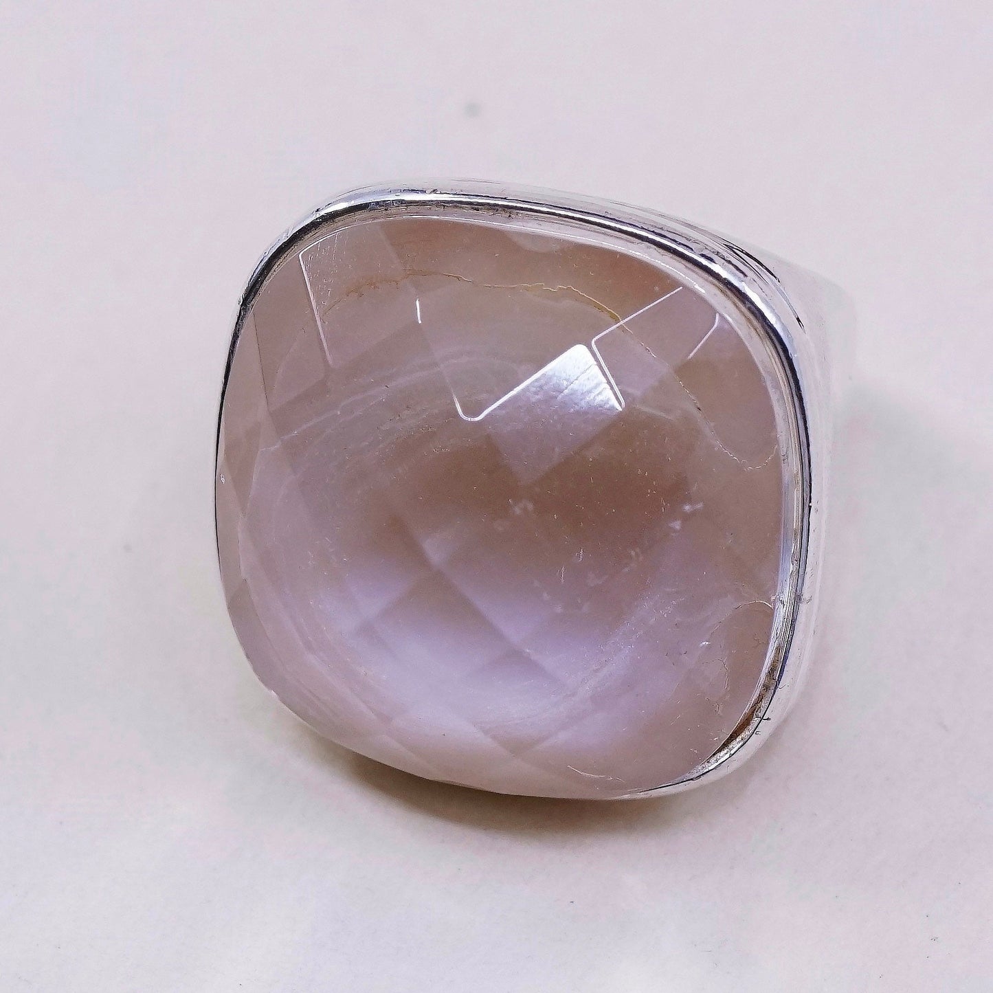 sz 7, vtg sterling 925 silver handmade statement ring w/ pink glass stone