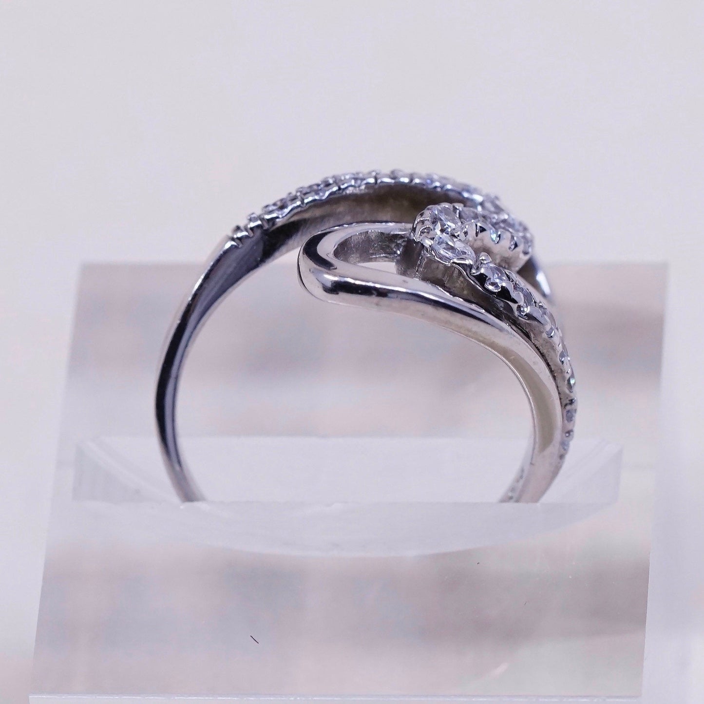 Size 7.25, Vintage sterling silver handmade wavy ring, engagement ring with cz
