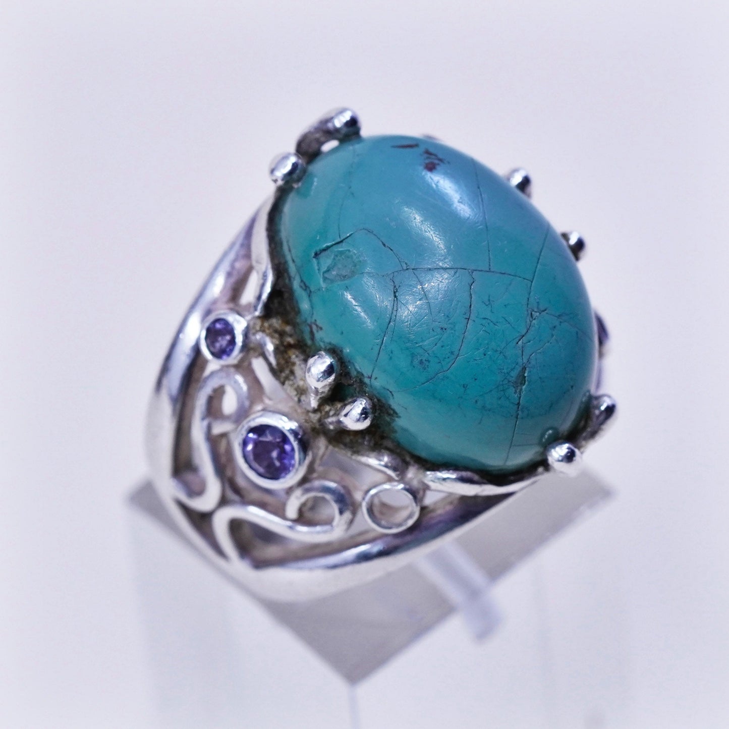 Size 7.25, Vintage sterling 925 silver filigree ring w/ turquoise and amethyst