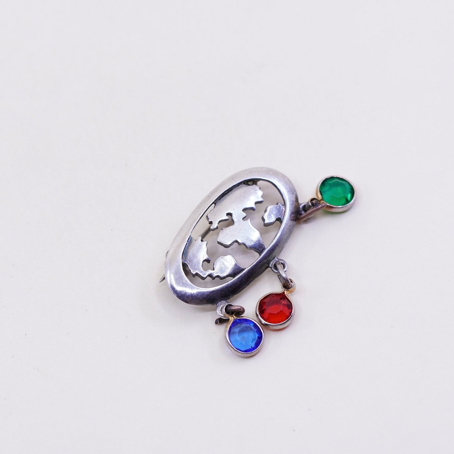 Vintage sterling silver handmade brooch, 925 world map with colorful crystal