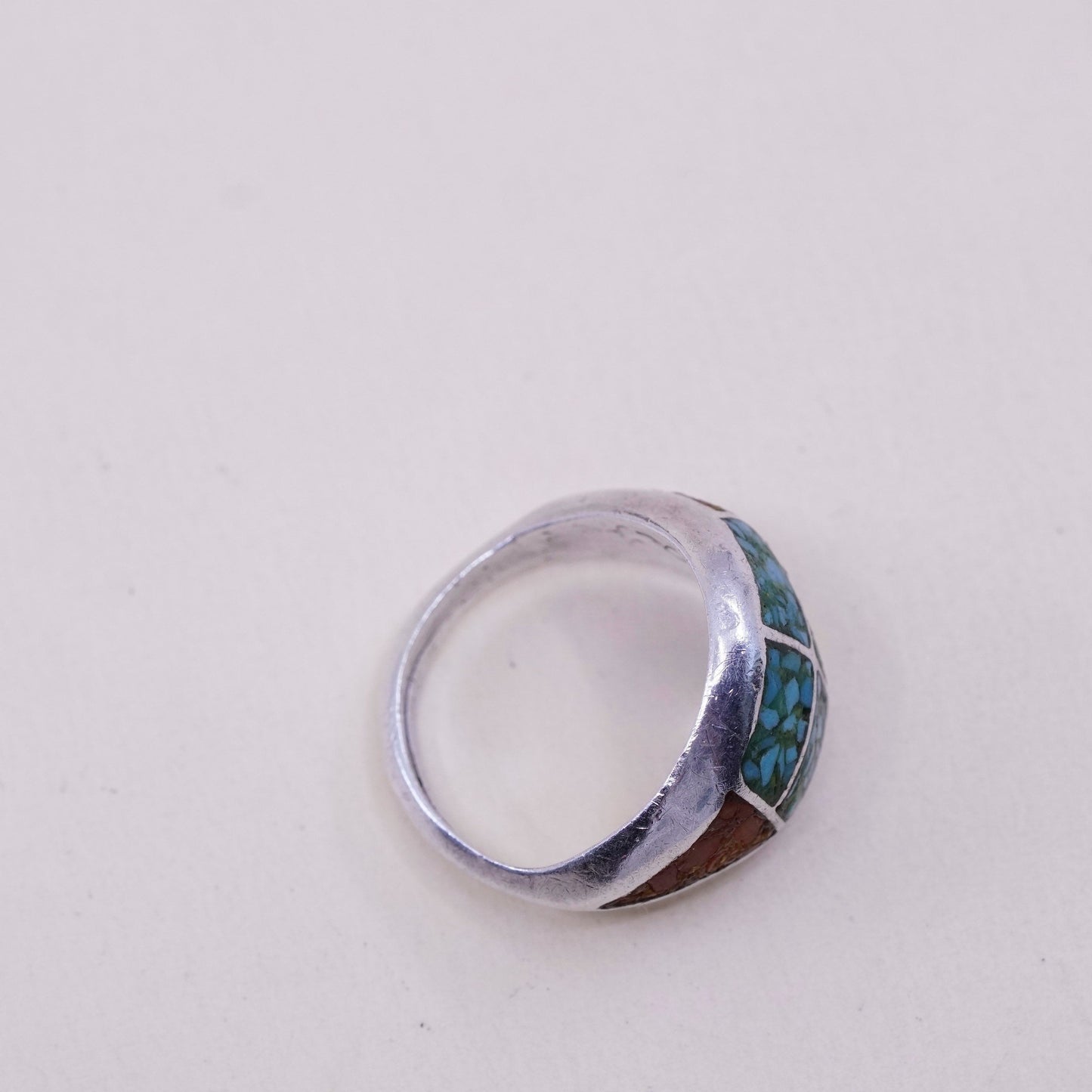 sz 9, natives American Sterling 925 silver handmade ring w/ turquoise N coral