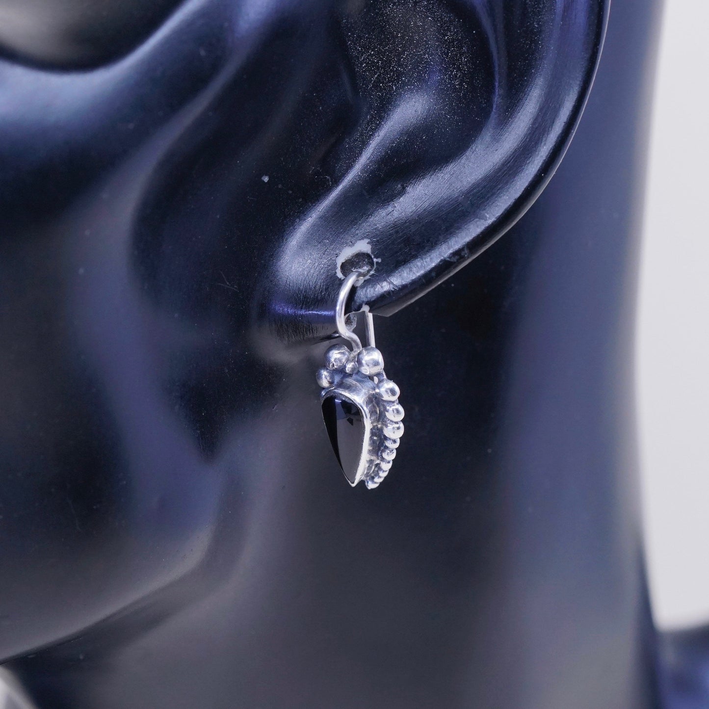 Vintage Sterling silver handmade earrings, 925 teardrop obsidian with beads