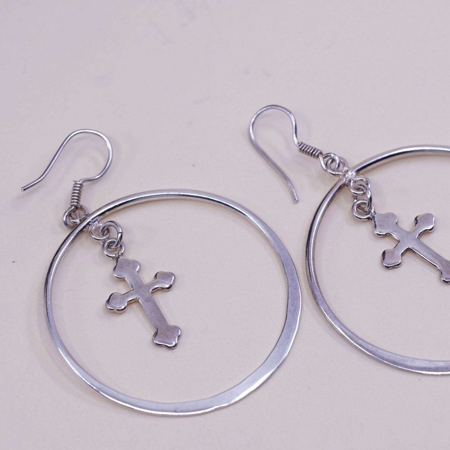 Vintage Sterling silver handmade earrings, huge 925 hoops with cross charms