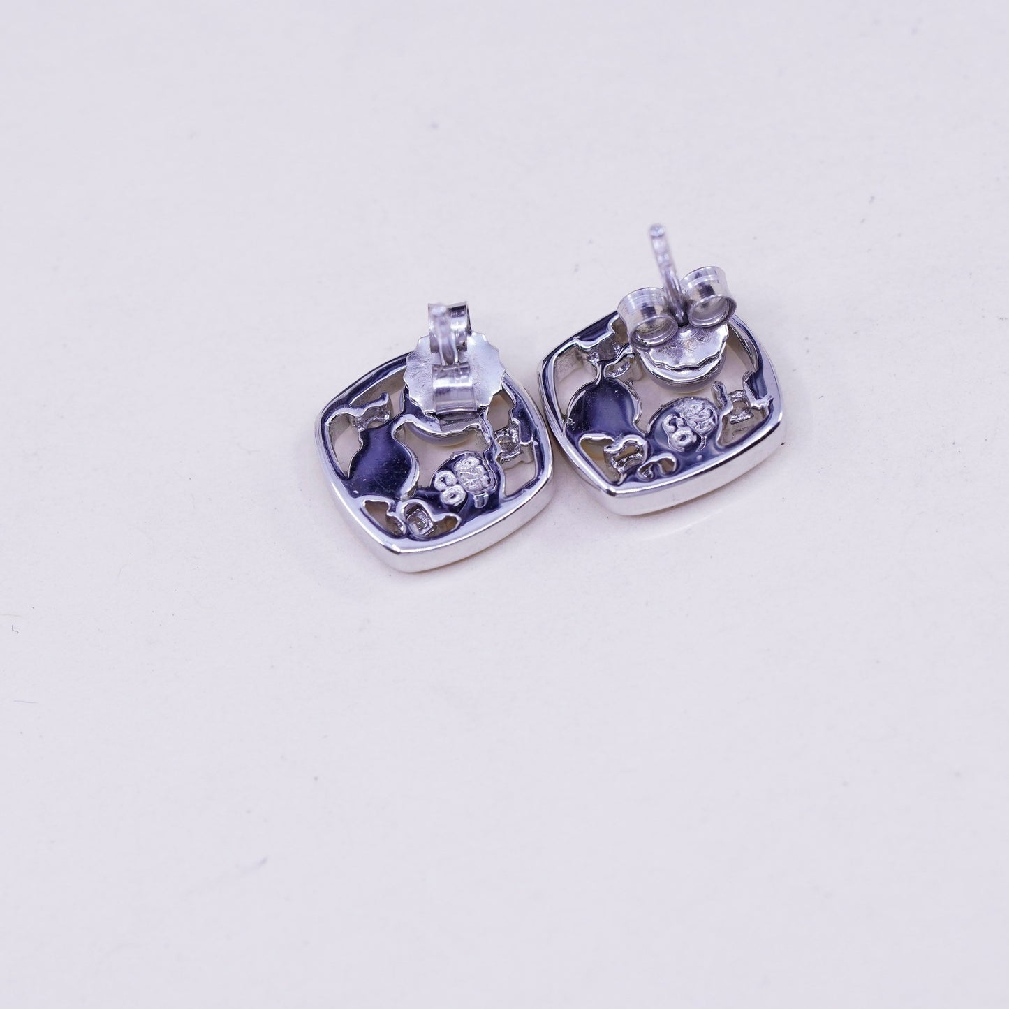 Vintage sterling 925 silver studs, square earrings with moonstone and cz