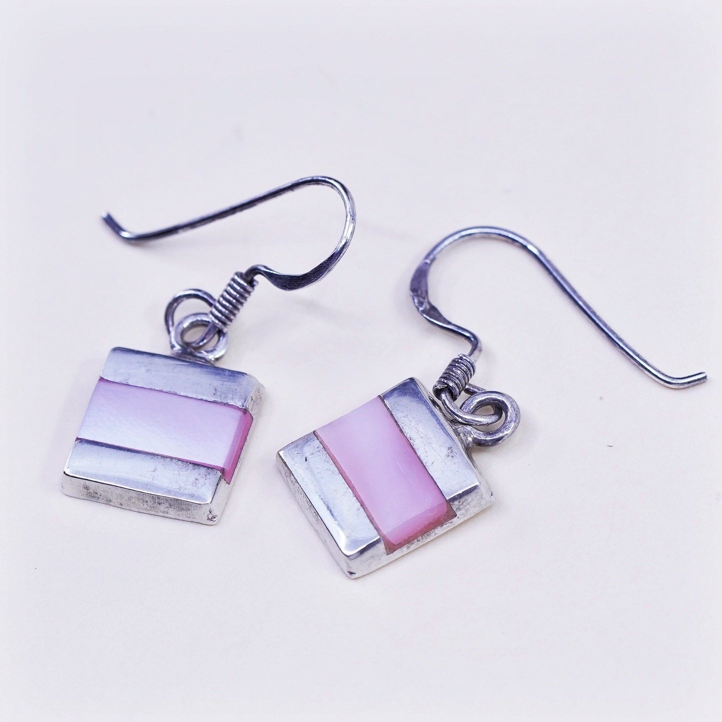 Vintage sterling 925 silver handmade earrings with square pink mother of pearl