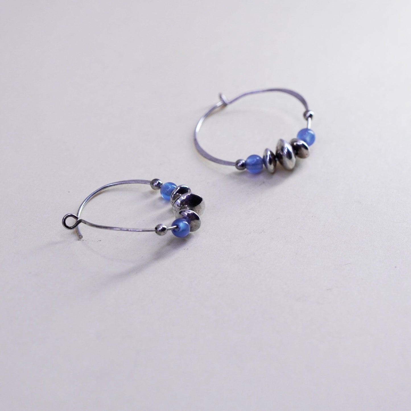 0.75”, sterling 925 silver loop earrings, primitive hoops blue cats eye beads