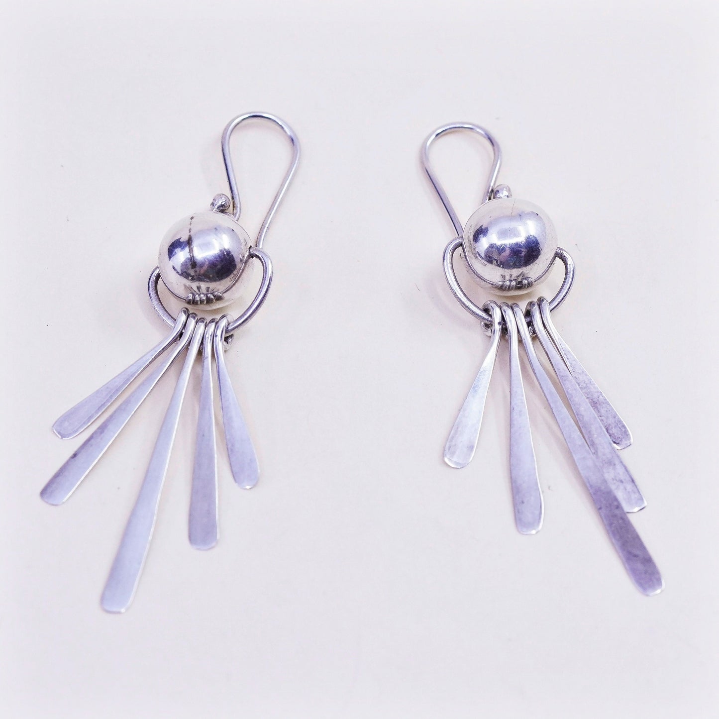 Vintage Sterling silver handmade earrings, modern 925 bead with fringe drop