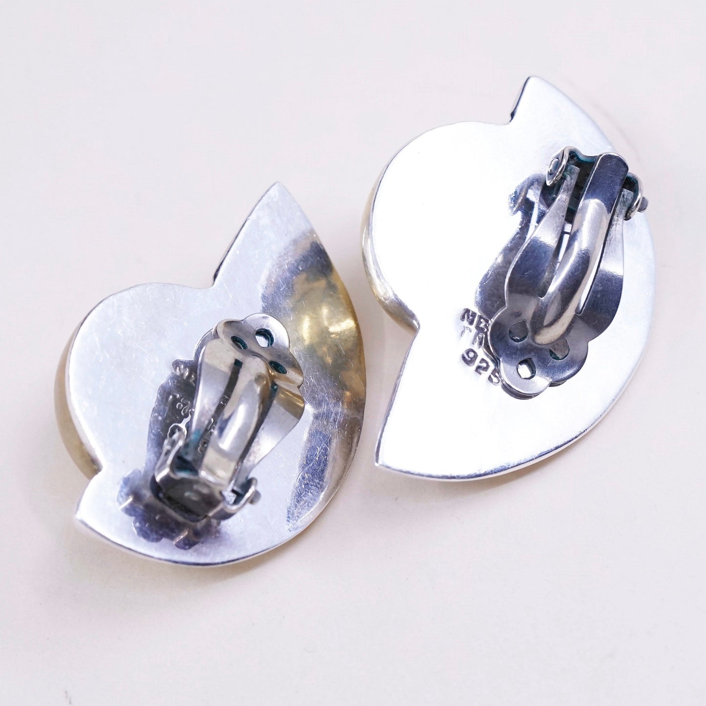 two tone Sterling silver w/ brass ribbed earrings, taxco 925 wavy clip on