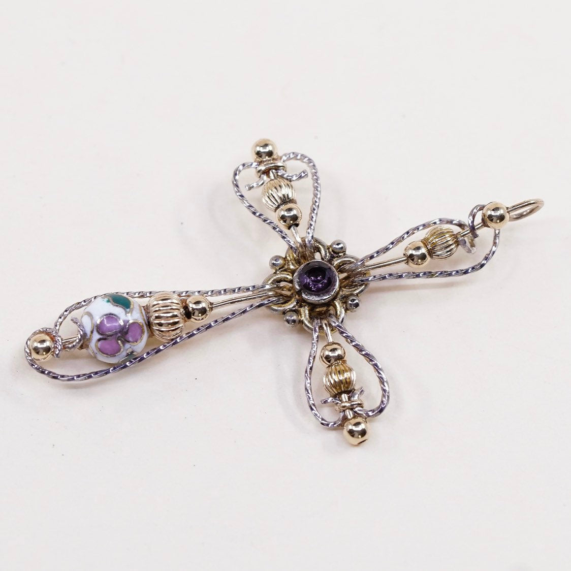 sterling silver handmade pendant, wired 925 cross w/ amethyst N 14K gold bead