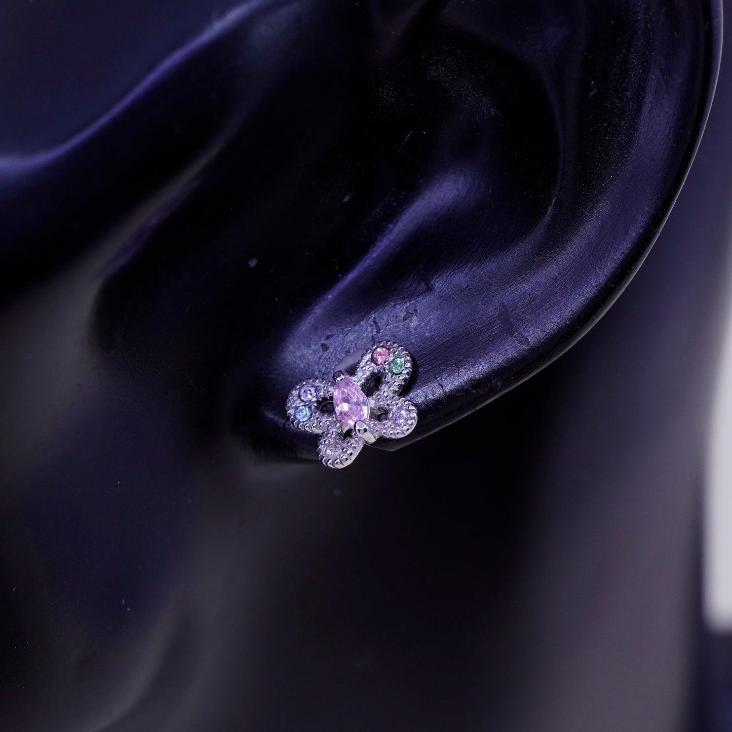 Vintage sterling silver earrings, 925 butterfly studs with pink quartz