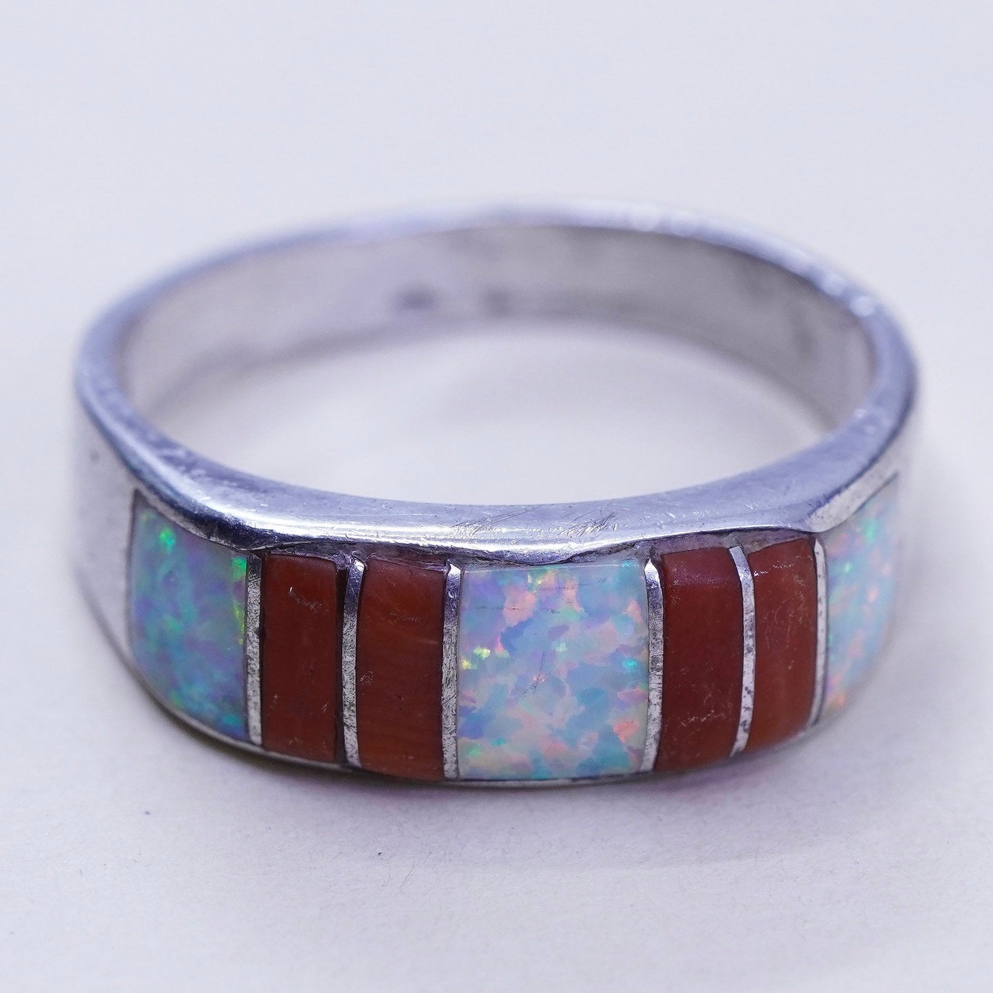 sz 9.25, vtg zuni Sterling silver handmade ring, 925 band w/ fire opal N coral