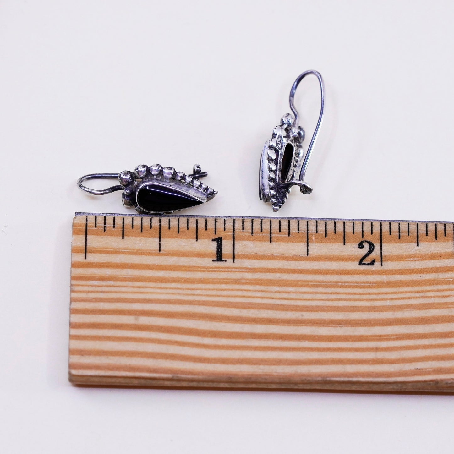 Vintage sterling 925 silver handmade earrings with teardrop onyx and beads