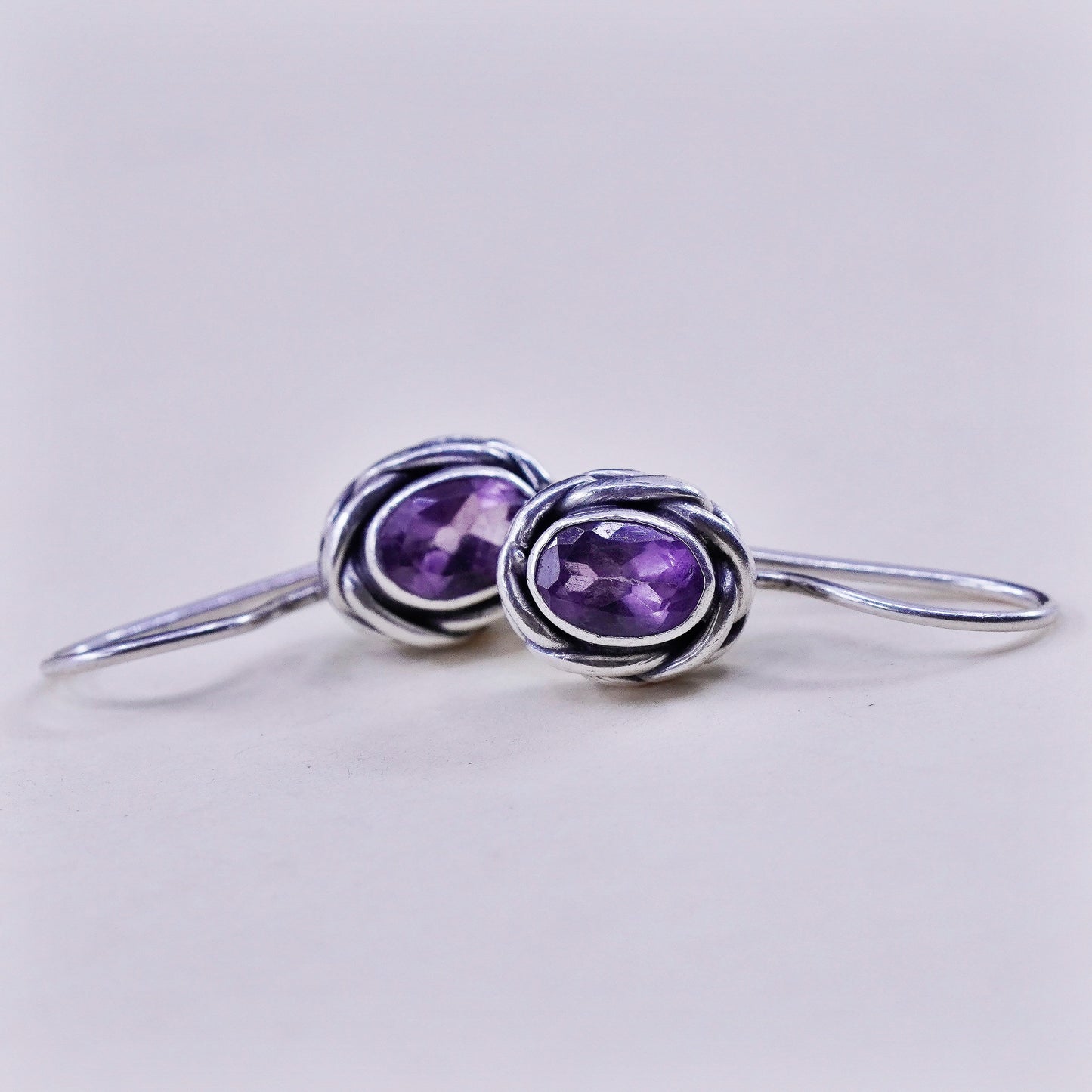 Vintage sterling silver handmade earrings, 925 drops with amethyst