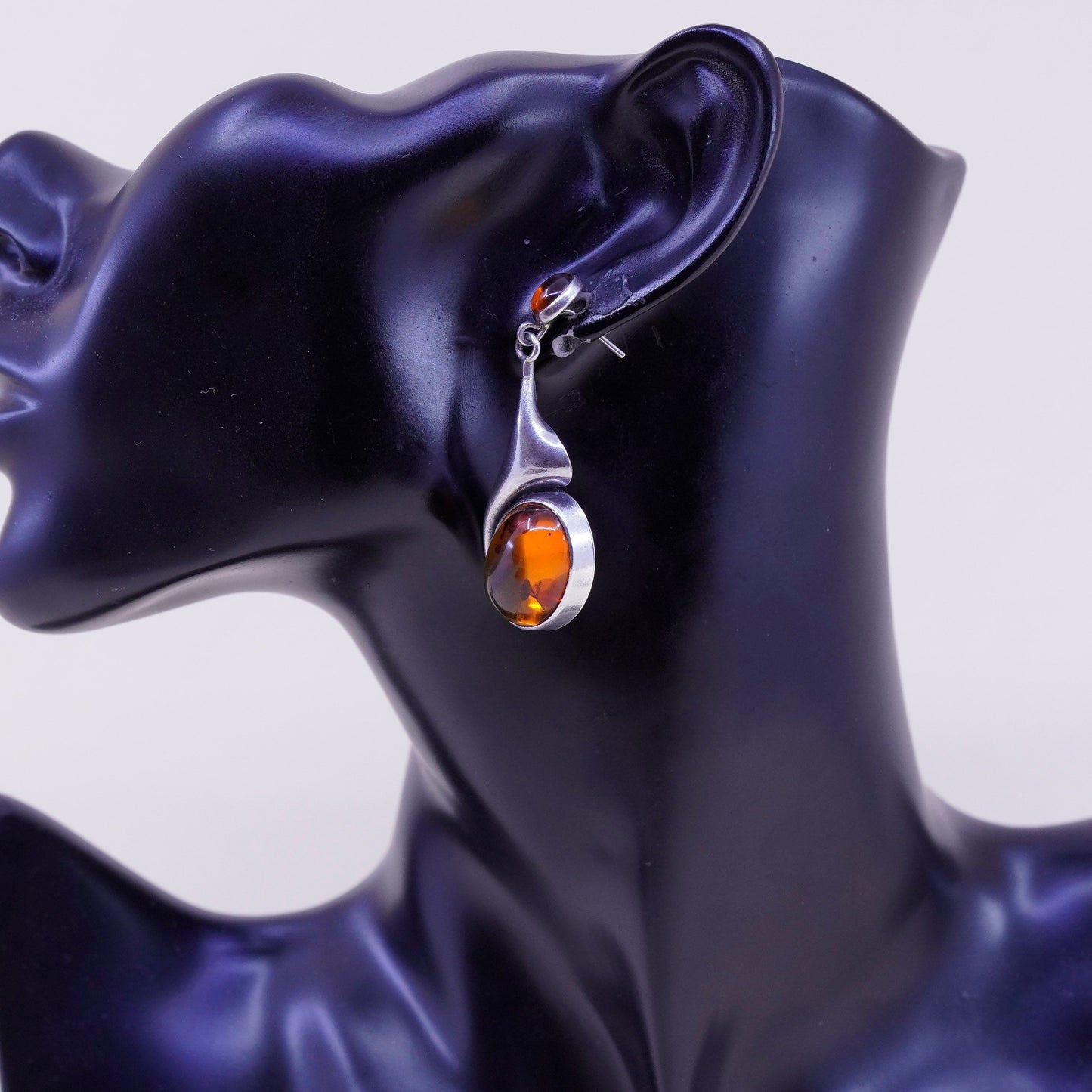 Vintage Sterling silver handmade earrings, 925 teardrop dangles with amber