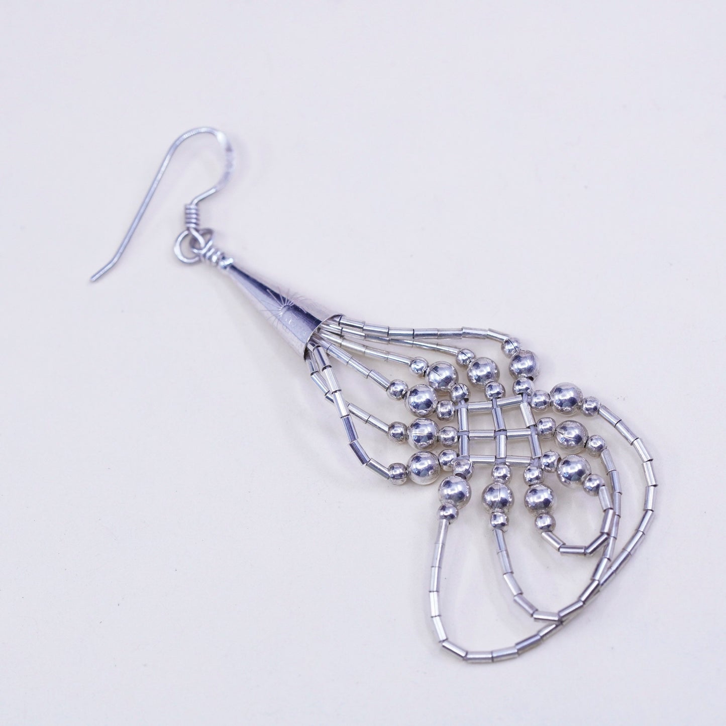 vtg Sterling silver handmade earrings, 925 liquid silver braided woven drops