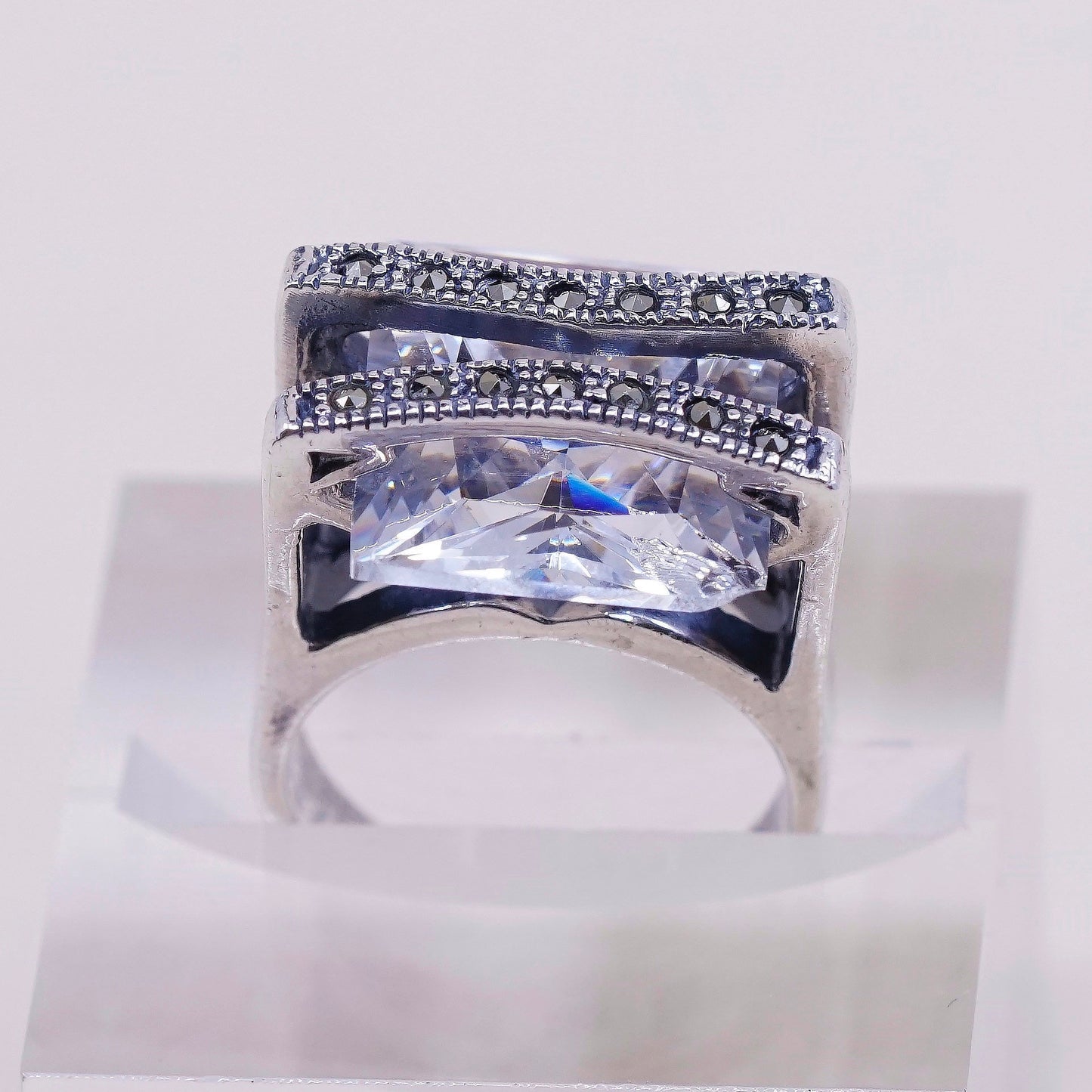 sz 4.75, vtg Sterling silver handmade cocktail ring w/ CZ and marcasite
