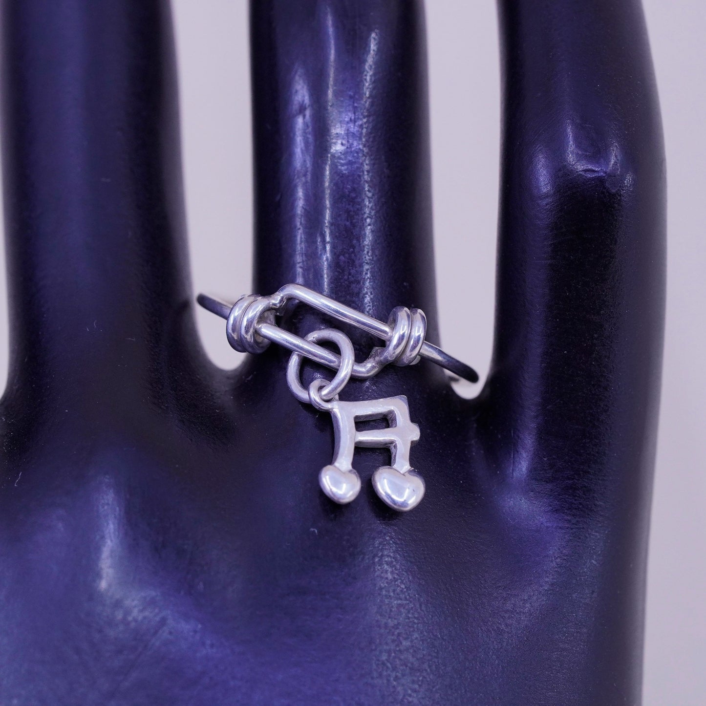 Size adjustable, vintage sterling silver handmade ring with music symbol