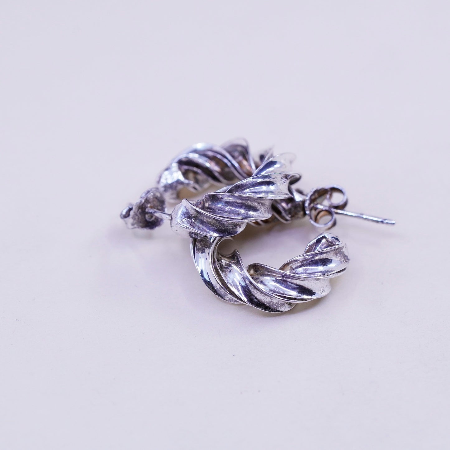 0.75”, Italy sterling silver huggie earrings, entwined twisted primitive hoops