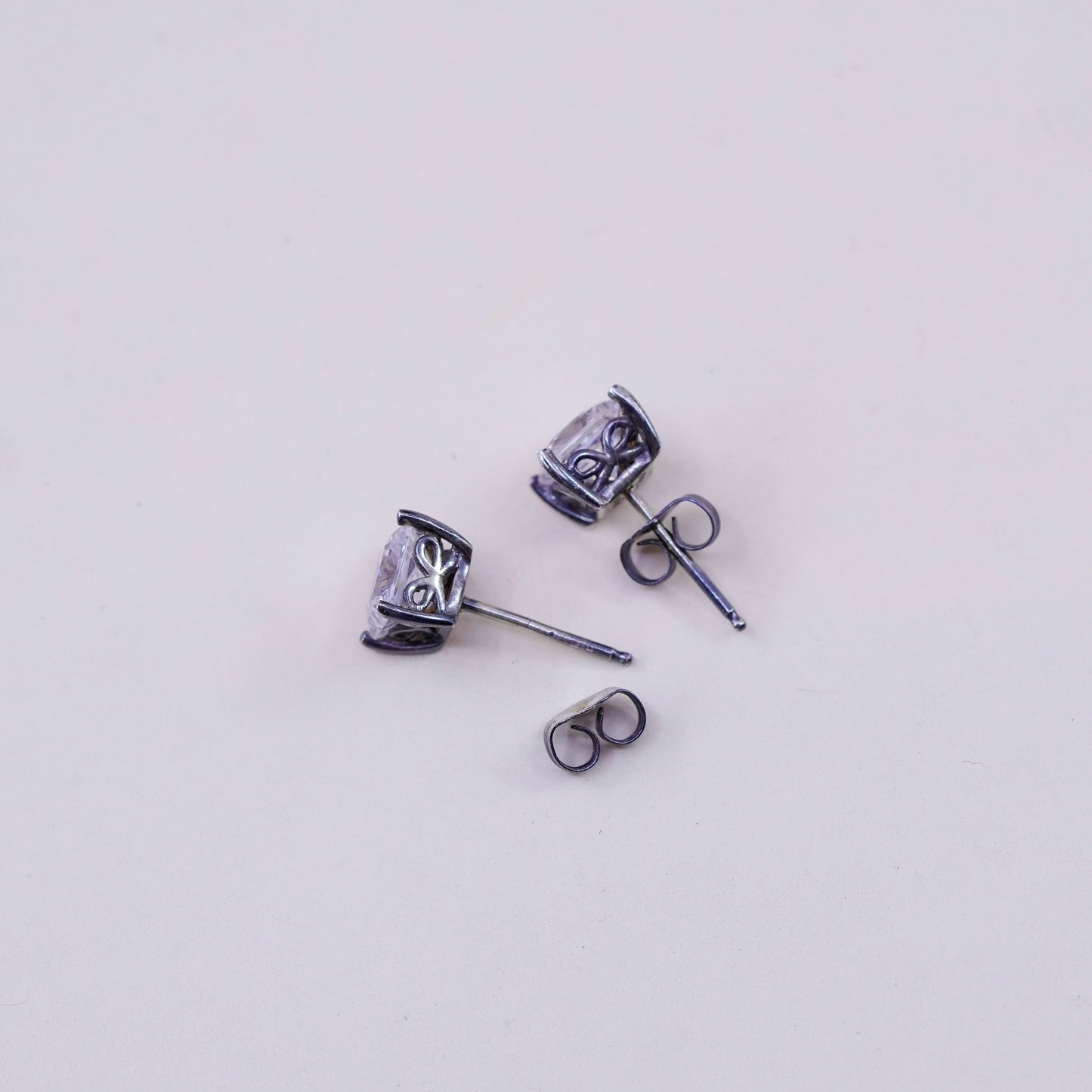 6mm, Vintage sterling silver genuine square cz studs, filigree earrings
