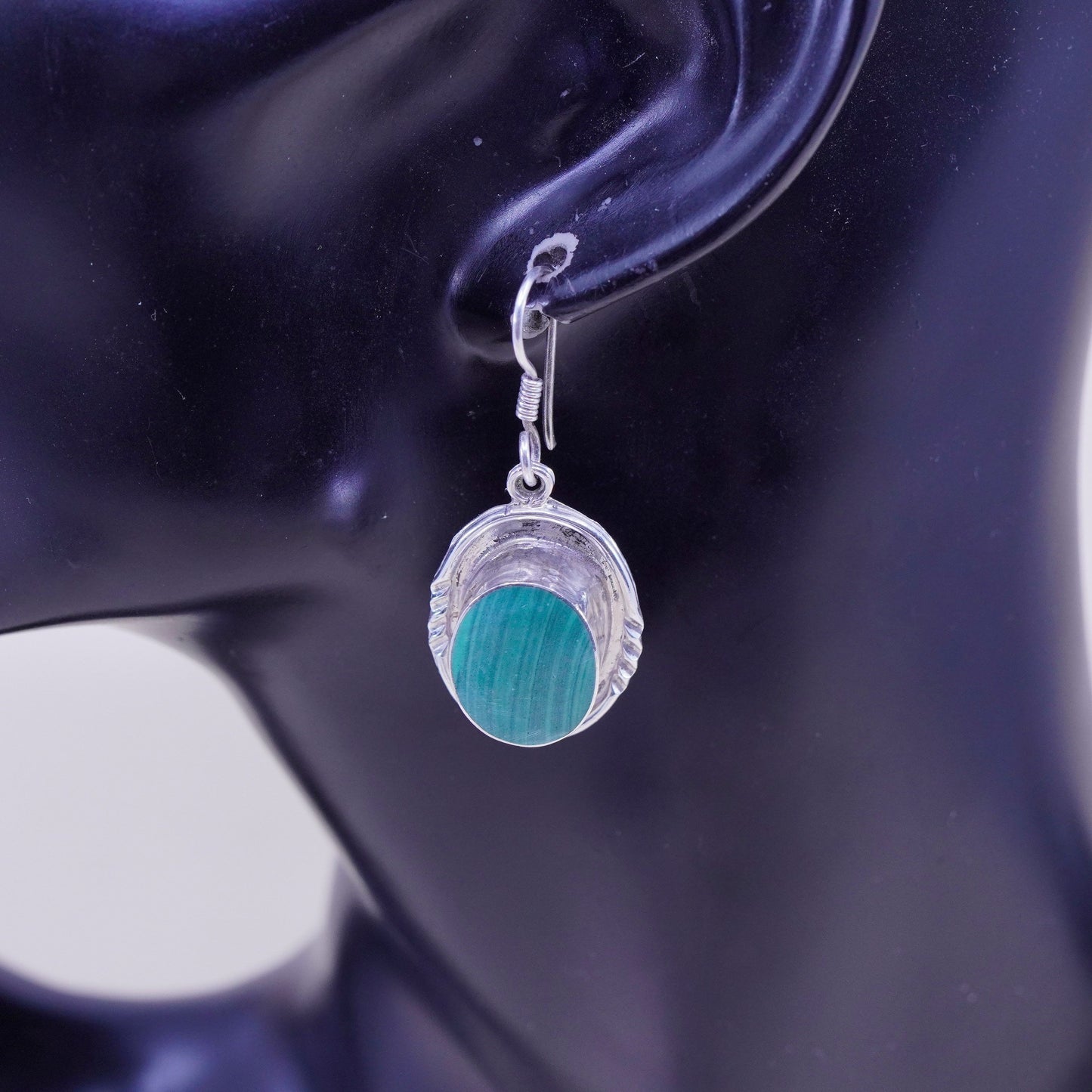 Vintage Mexico sterling 925 silver handmade earrings with oval malachite