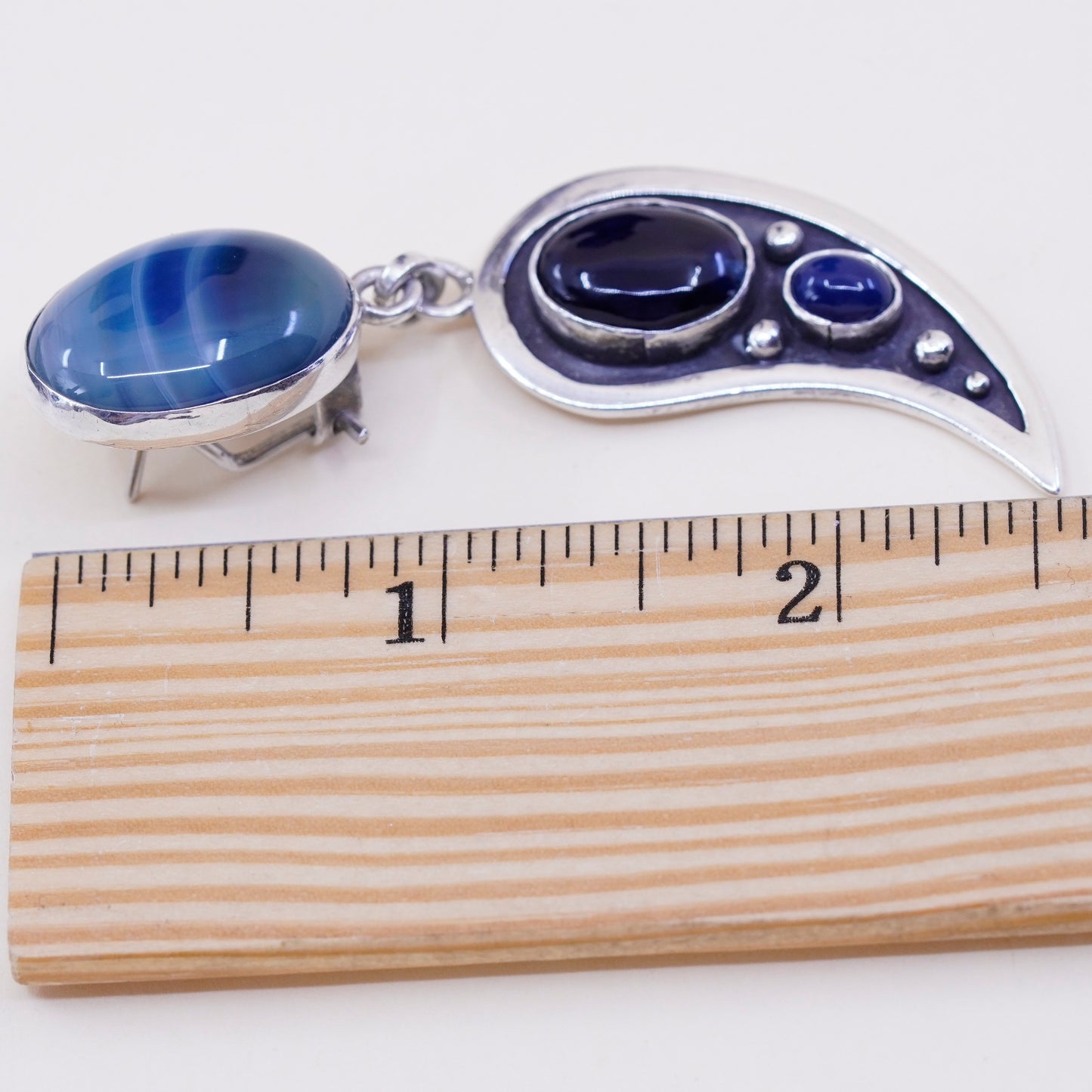Vintage Sterling 925 silver handmade earrings with blue agate N obsidian lapis